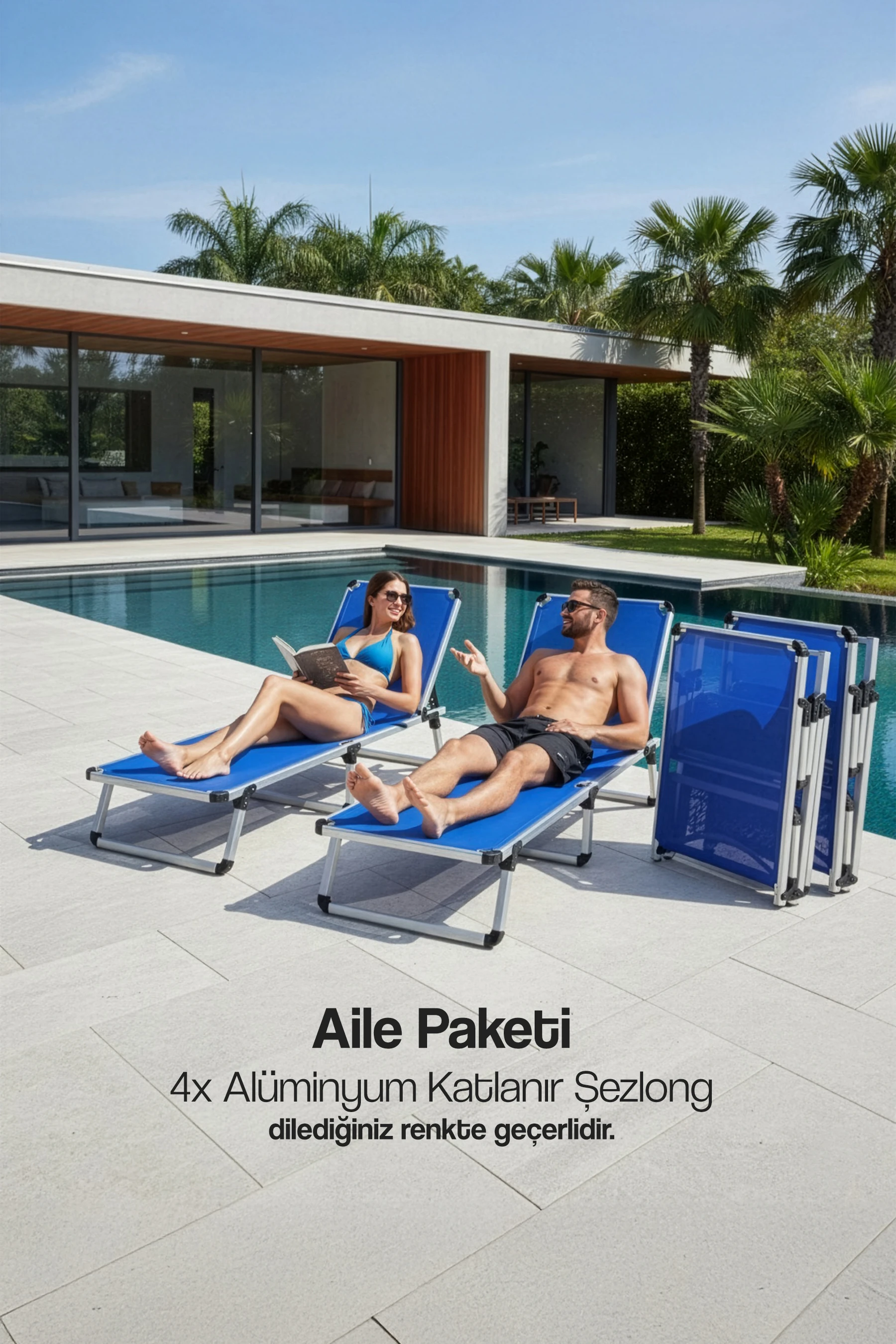4'lü Alüminyum Katlanır Şezlong Avantajlı Aile Paketi