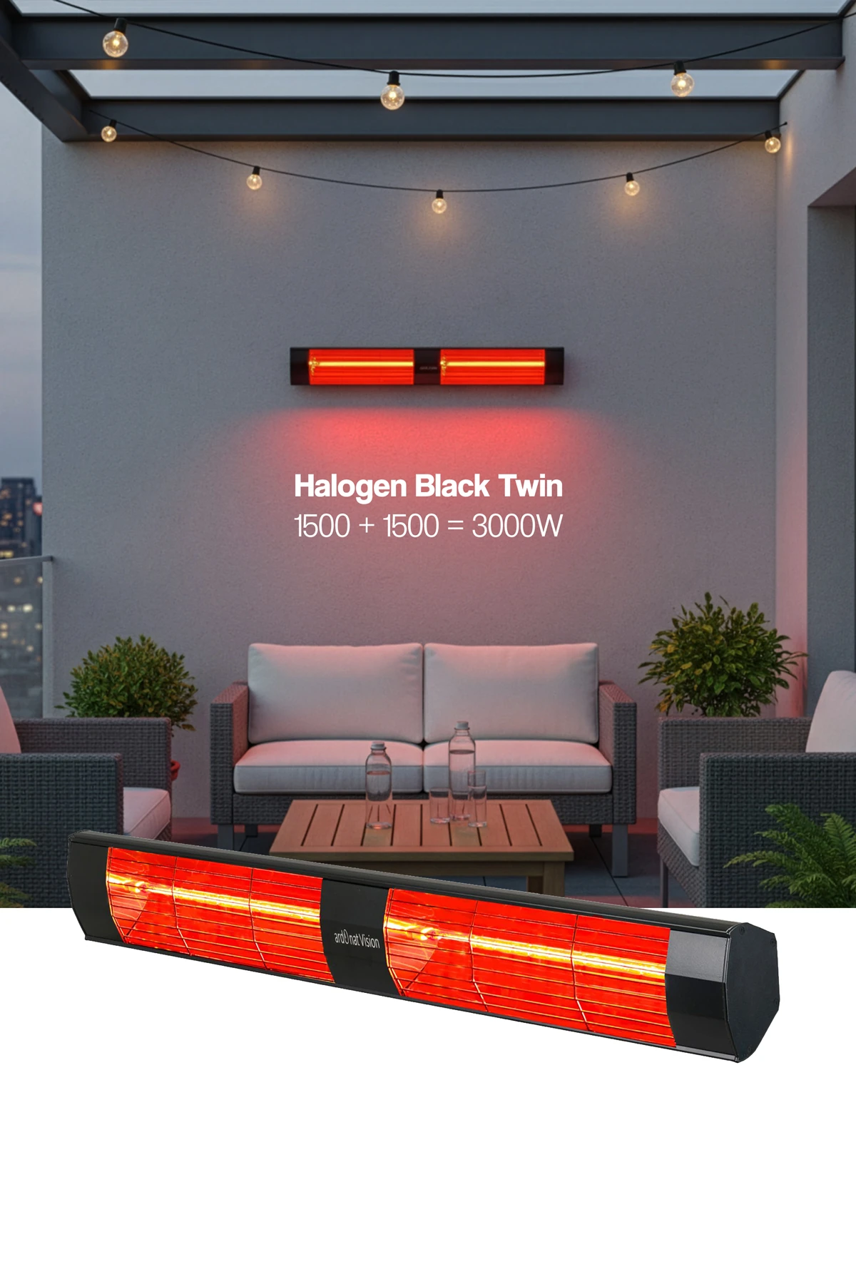 Halogen Black Twin Duvar Tipi Dış Mekan Isıtıcısı - 3000W