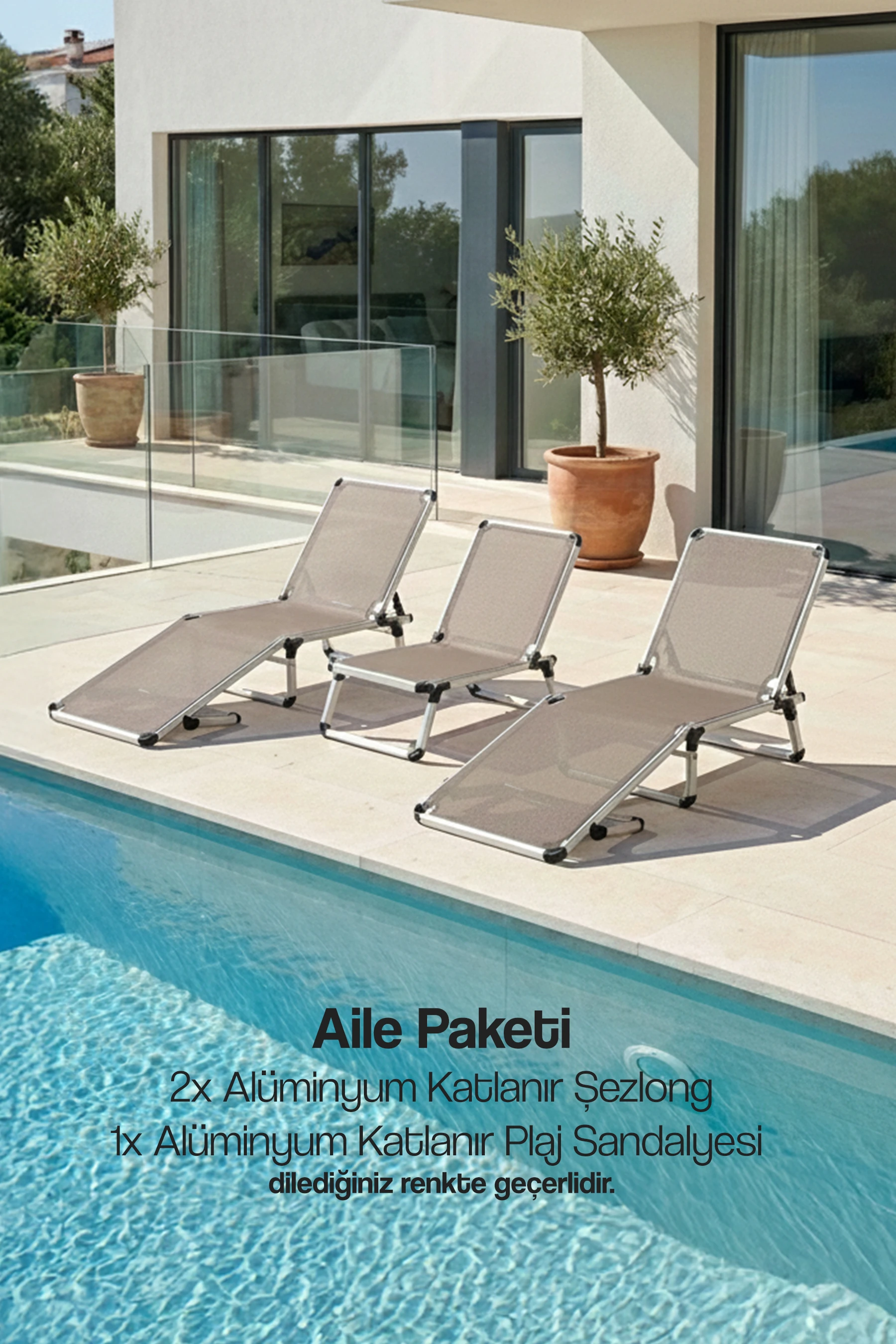 3'lü Alüminyum Katlanır Şezlong ve Plaj Sandalyesi Avantajlı Aile Paketi