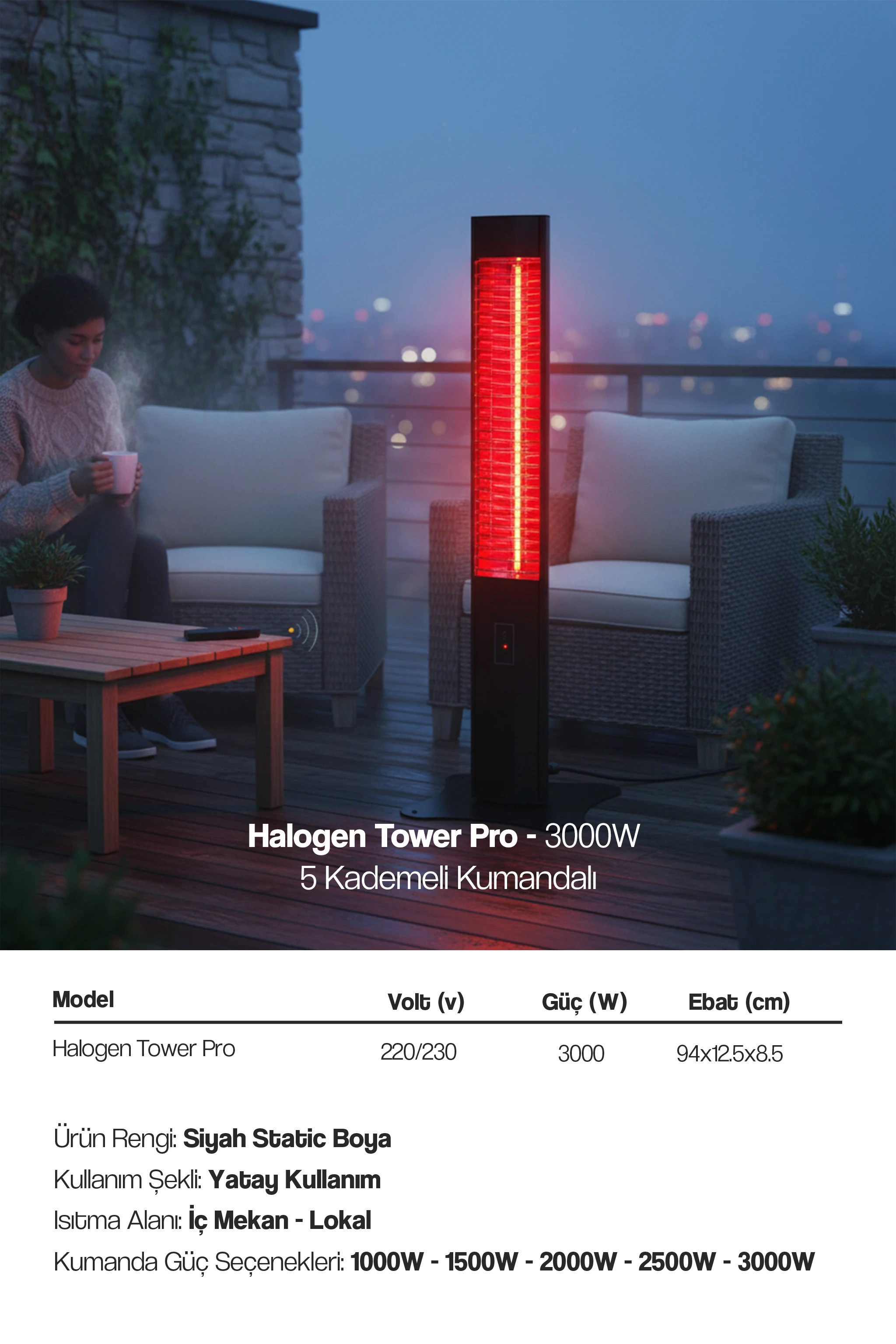 Halogen Tower Pro 3000W Kumandalı Ayaklı Dış Mekan Isıtıcısı
