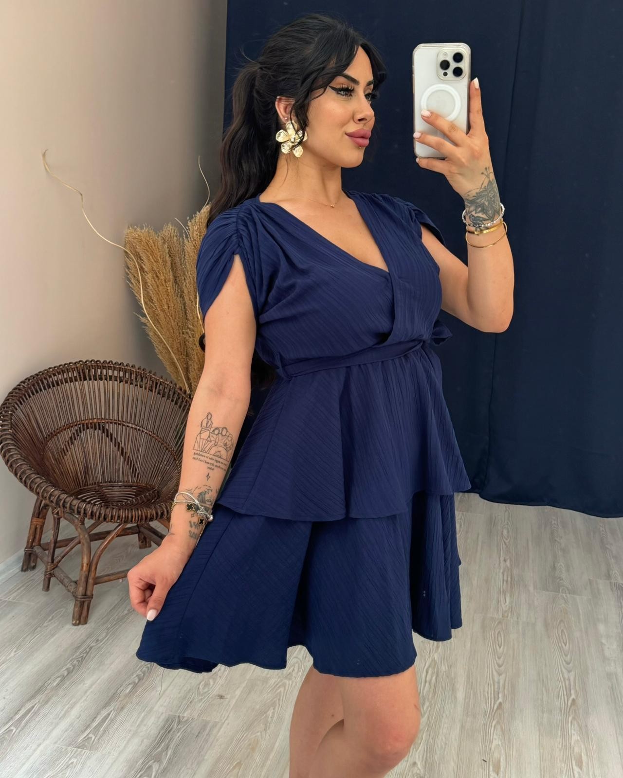 LİLYA KRUVAZE YAKA ELBİSE - lacivert