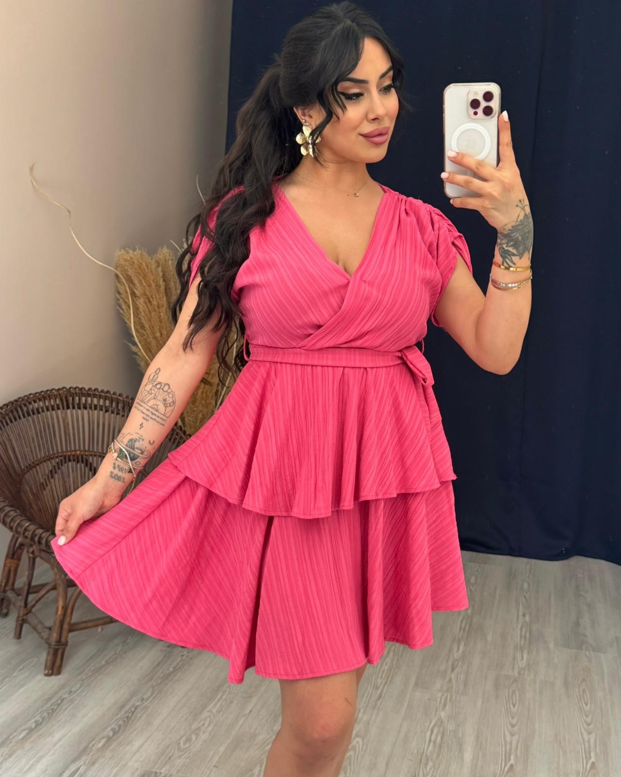 LİLYA KRUVAZE YAKA ELBİSE - pembe