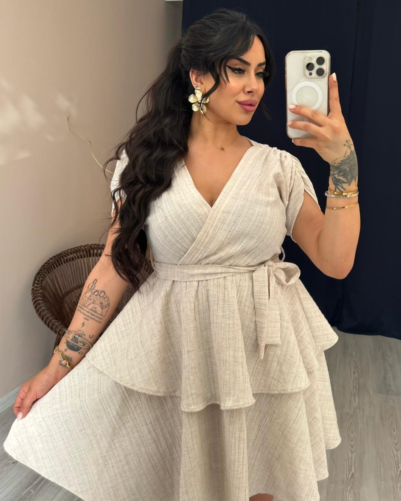 LİLYA KRUVAZE YAKA ELBİSE - bej