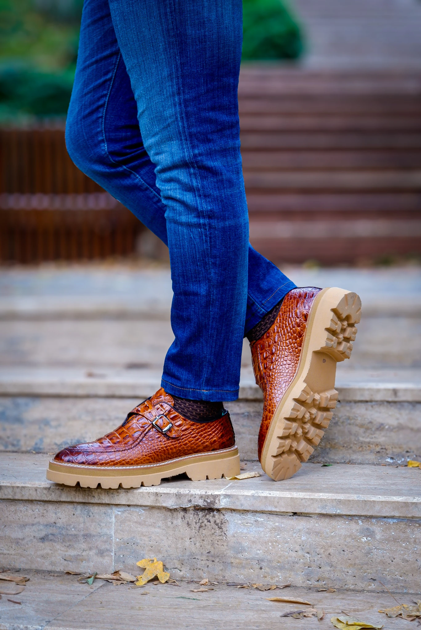 Derby Model Hakiki Natural Kroko Deri Casual Ayakkabı - Kahverengi