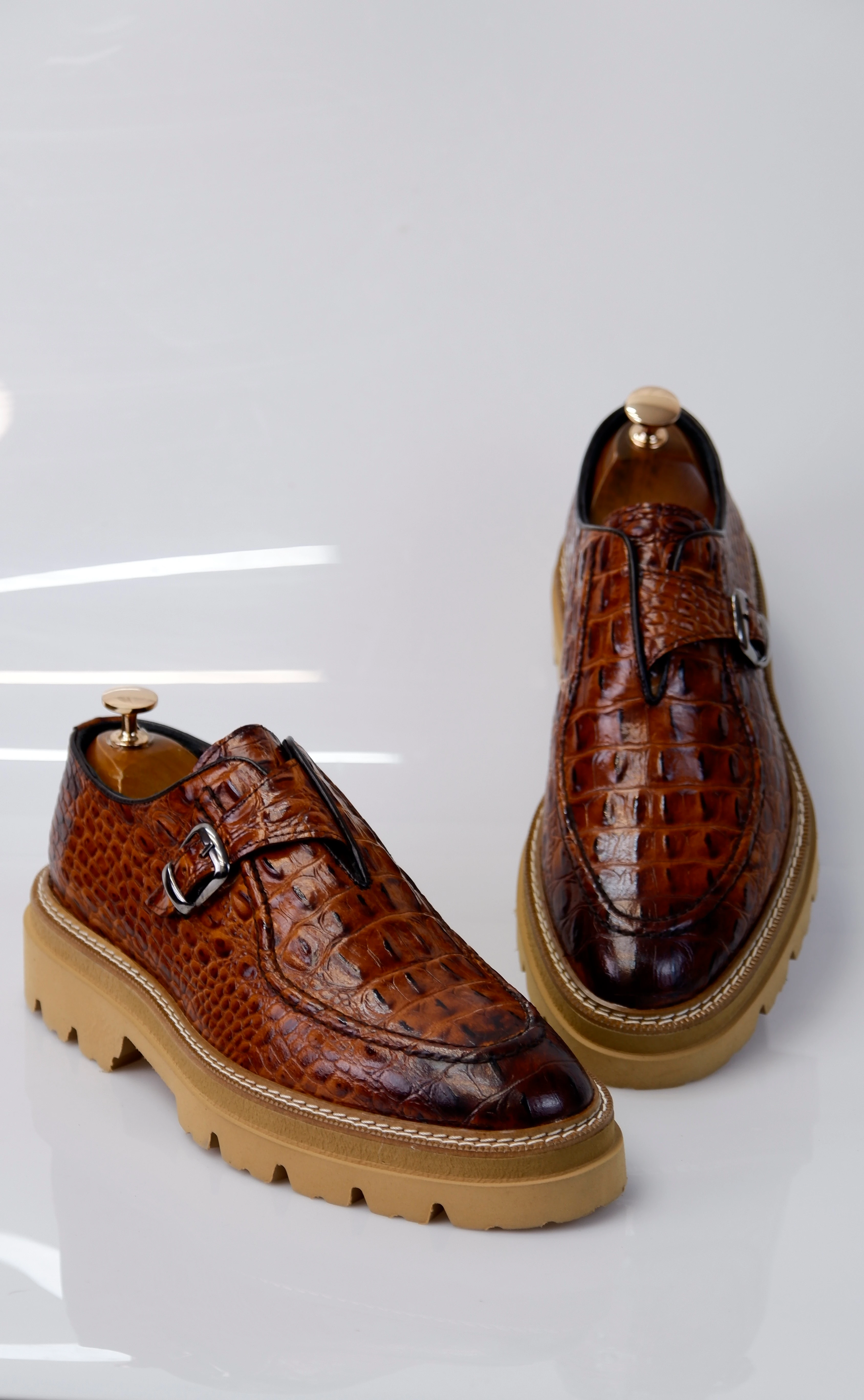 Derby Model Hakiki Natural Kroko Deri Casual Ayakkabı - Kahverengi