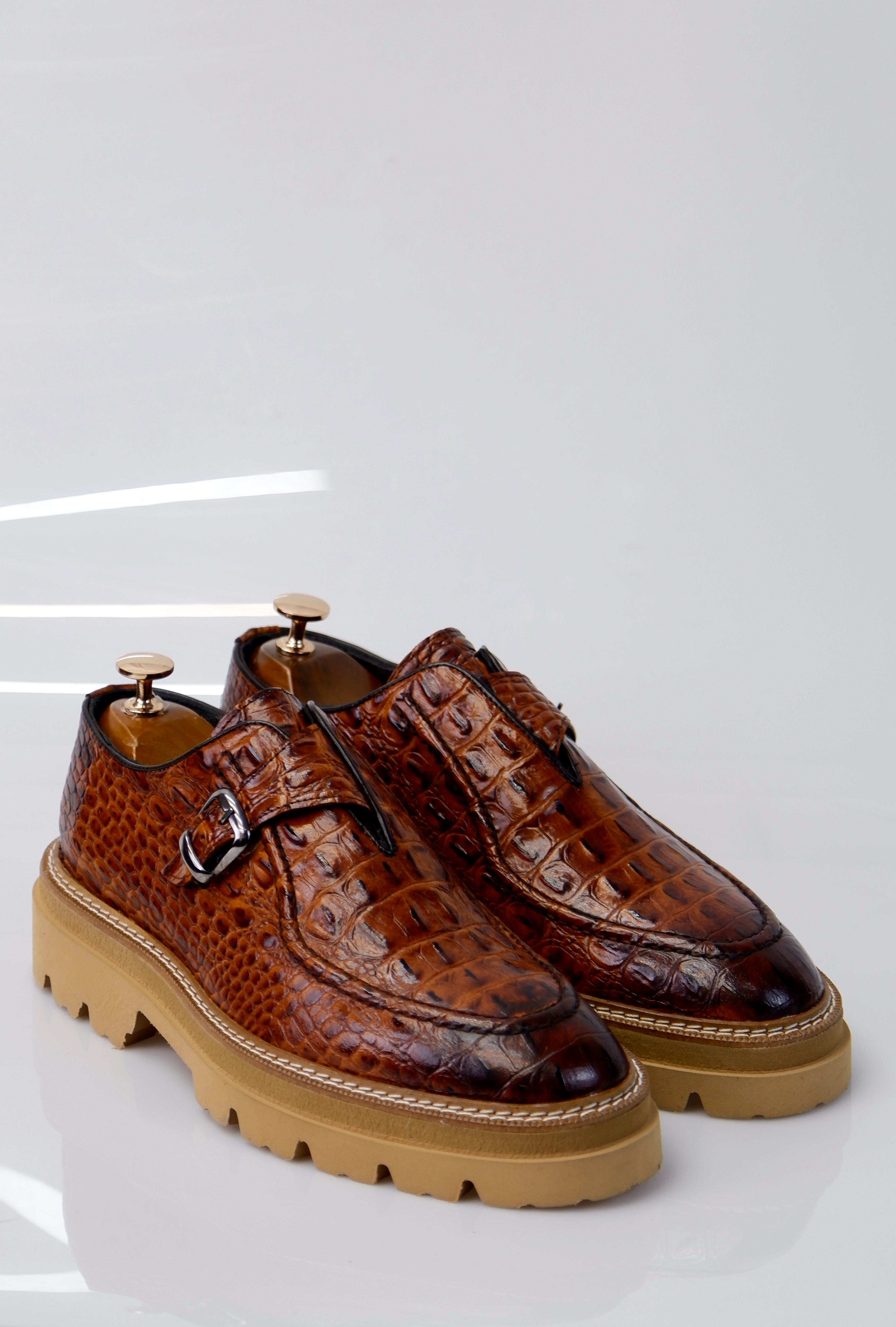 Derby Model Hakiki Natural Kroko Deri Casual Ayakkabı - Kahverengi