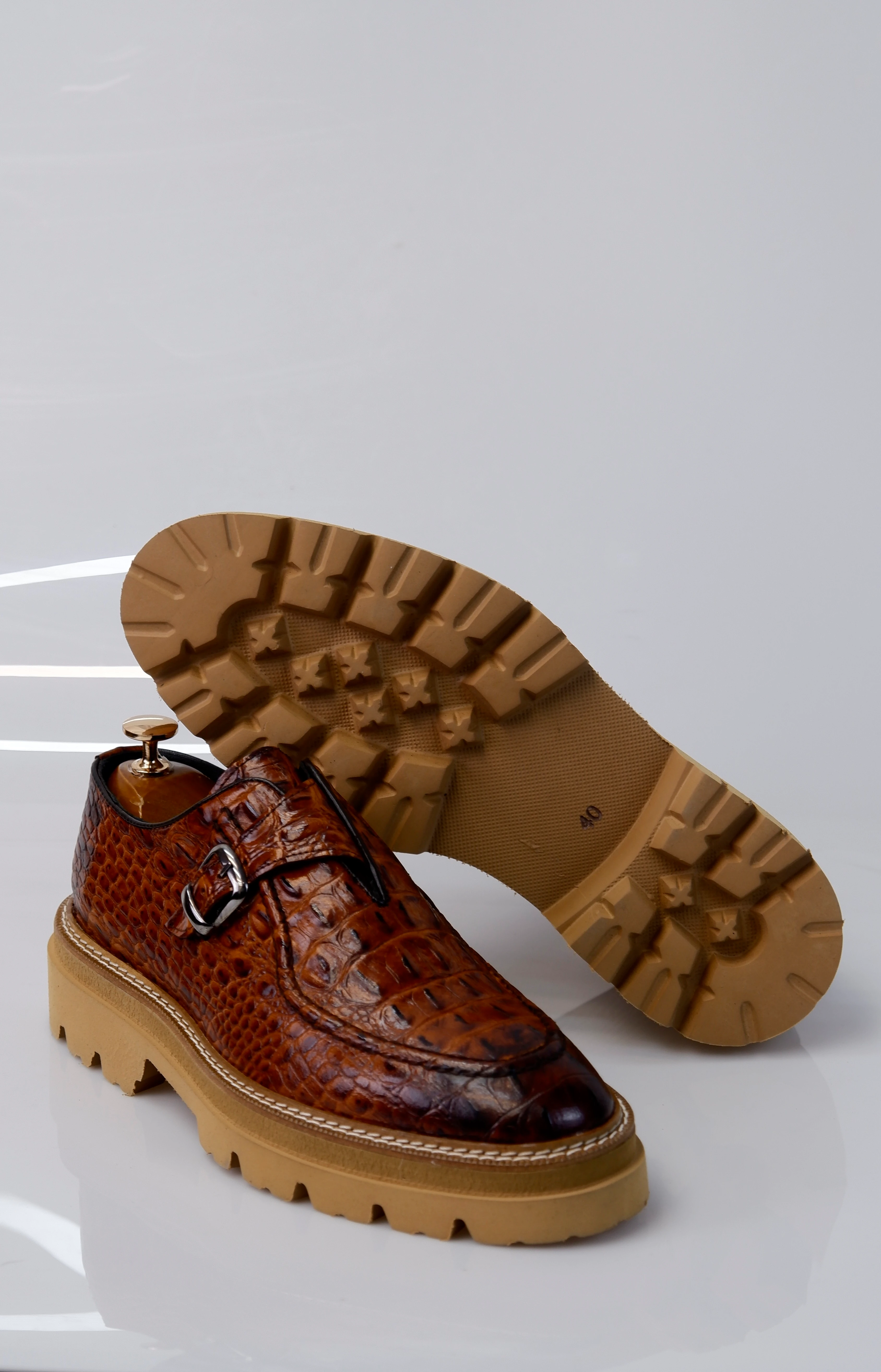 Derby Model Hakiki Natural Kroko Deri Casual Ayakkabı - Kahverengi