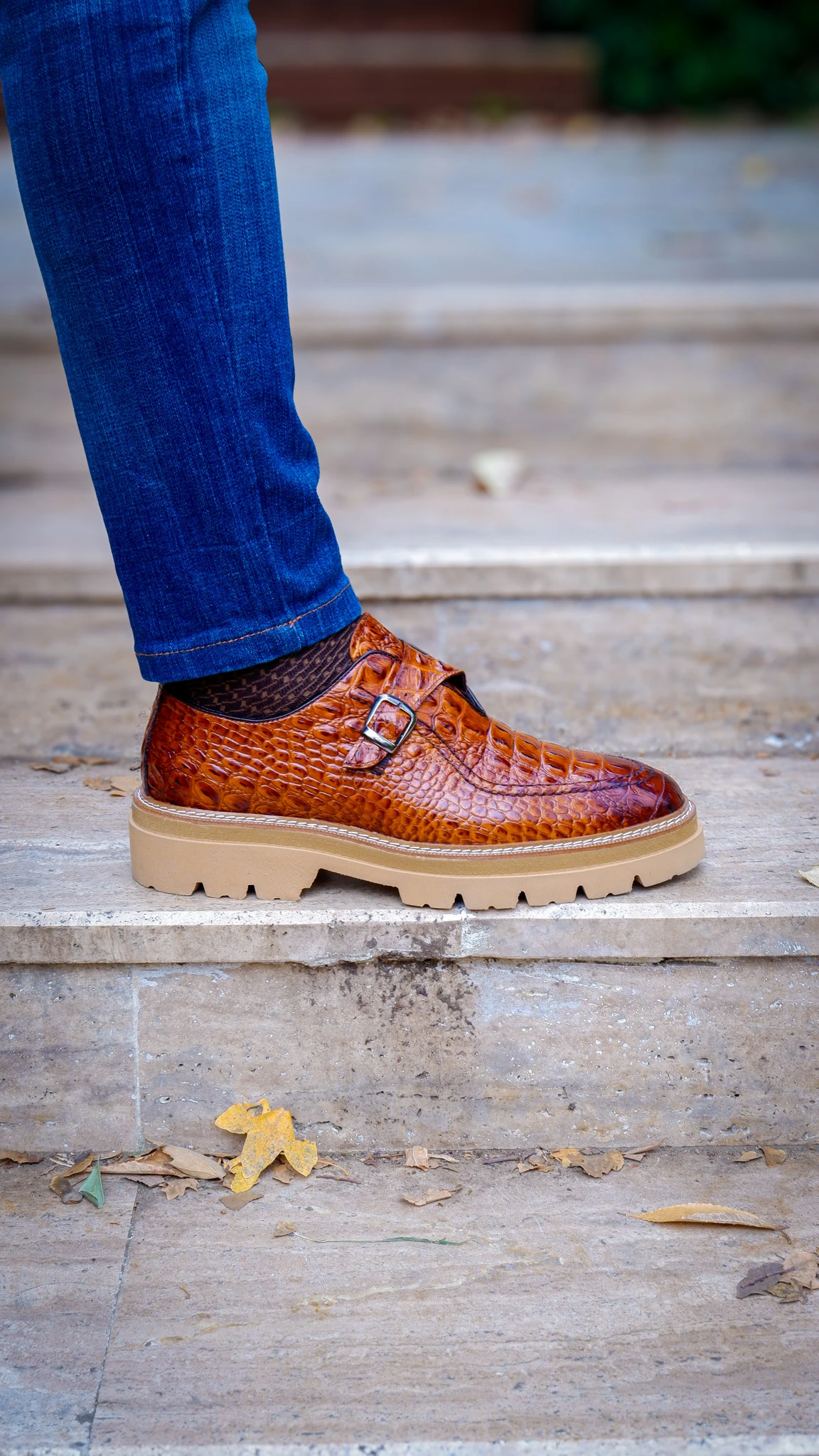 Derby Model Hakiki Natural Kroko Deri Casual Ayakkabı - Kahverengi