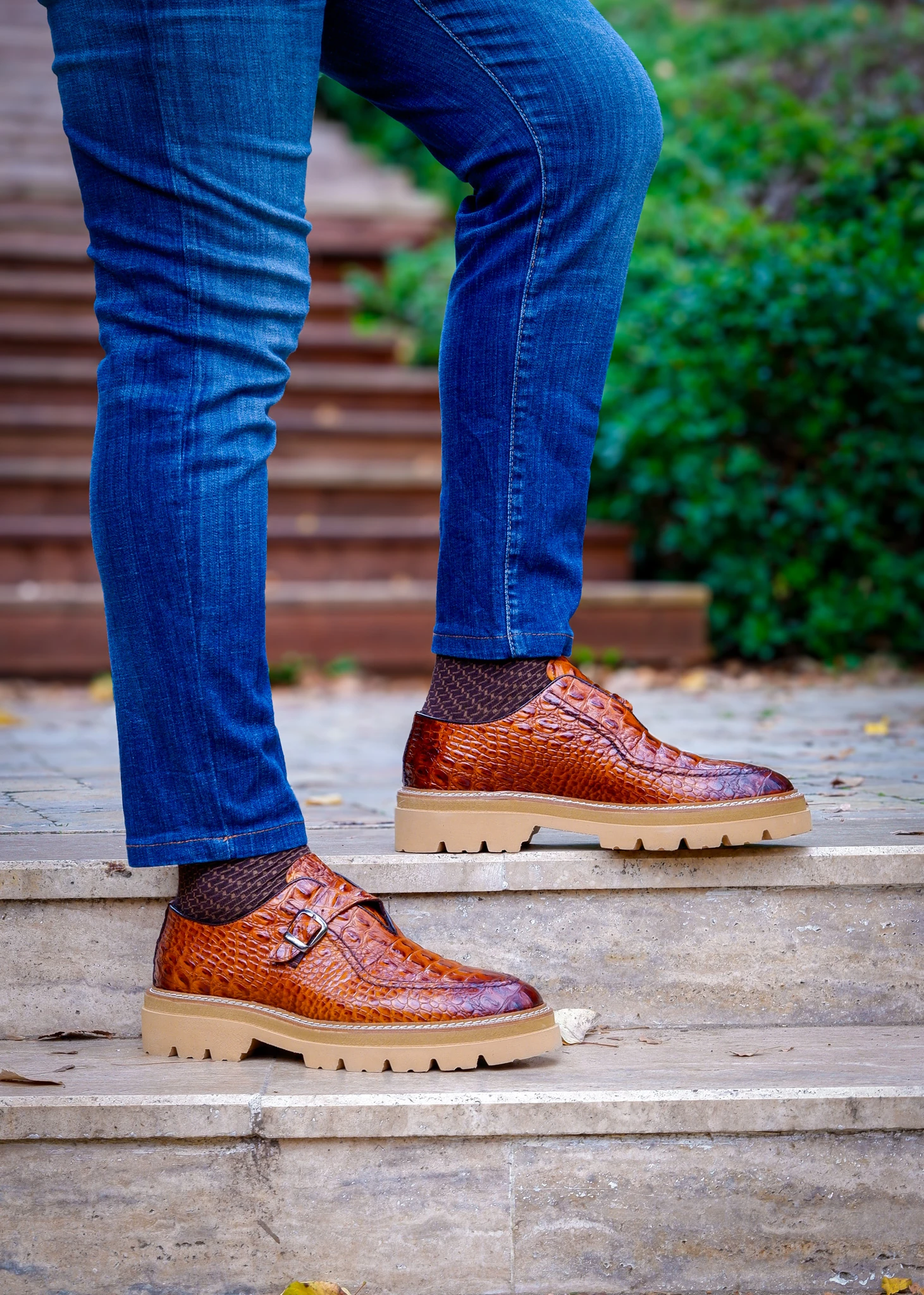 Derby Model Hakiki Natural Kroko Deri Casual Ayakkabı - Kahverengi