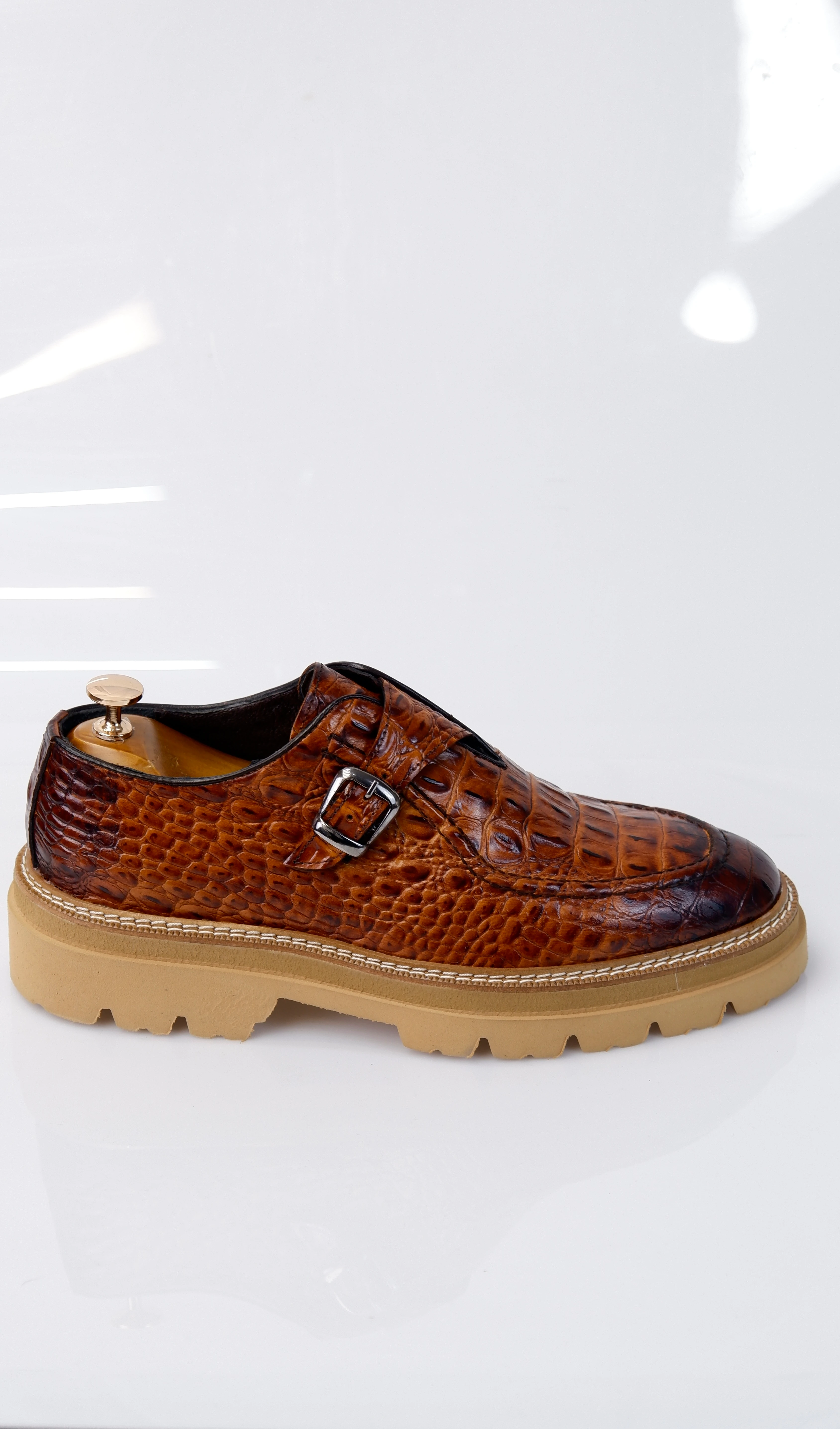 Derby Model Hakiki Natural Kroko Deri Casual Ayakkabı - Kahverengi