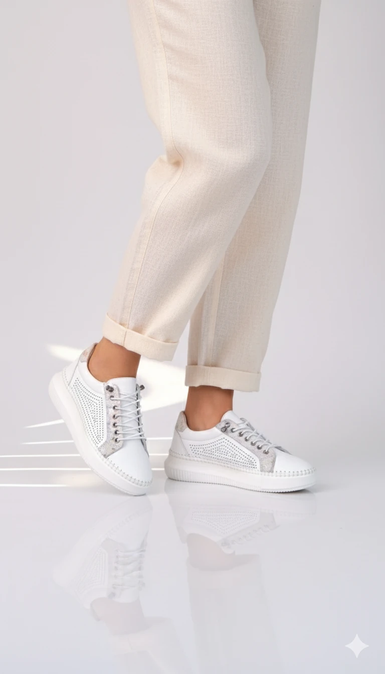 Halo Model Hakiki Deri Kadın Sneaker Ayakkabı - Beyaz