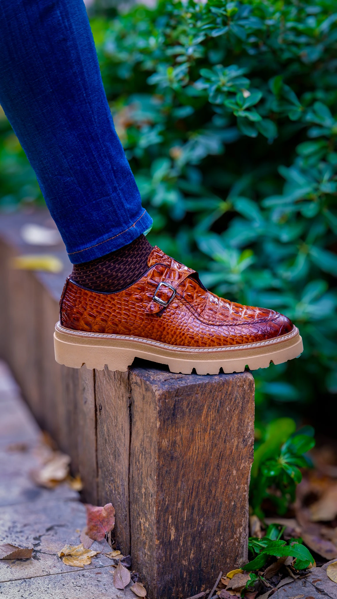 Derby Model Hakiki Natural Kroko Deri Casual Ayakkabı - Kahverengi