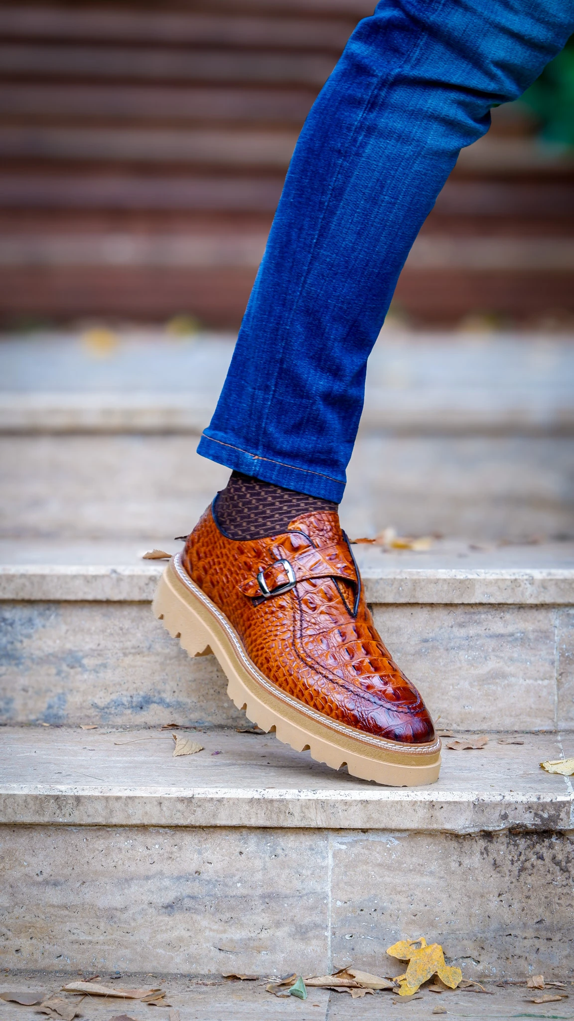 Derby Model Hakiki Natural Kroko Deri Casual Ayakkabı - Kahverengi