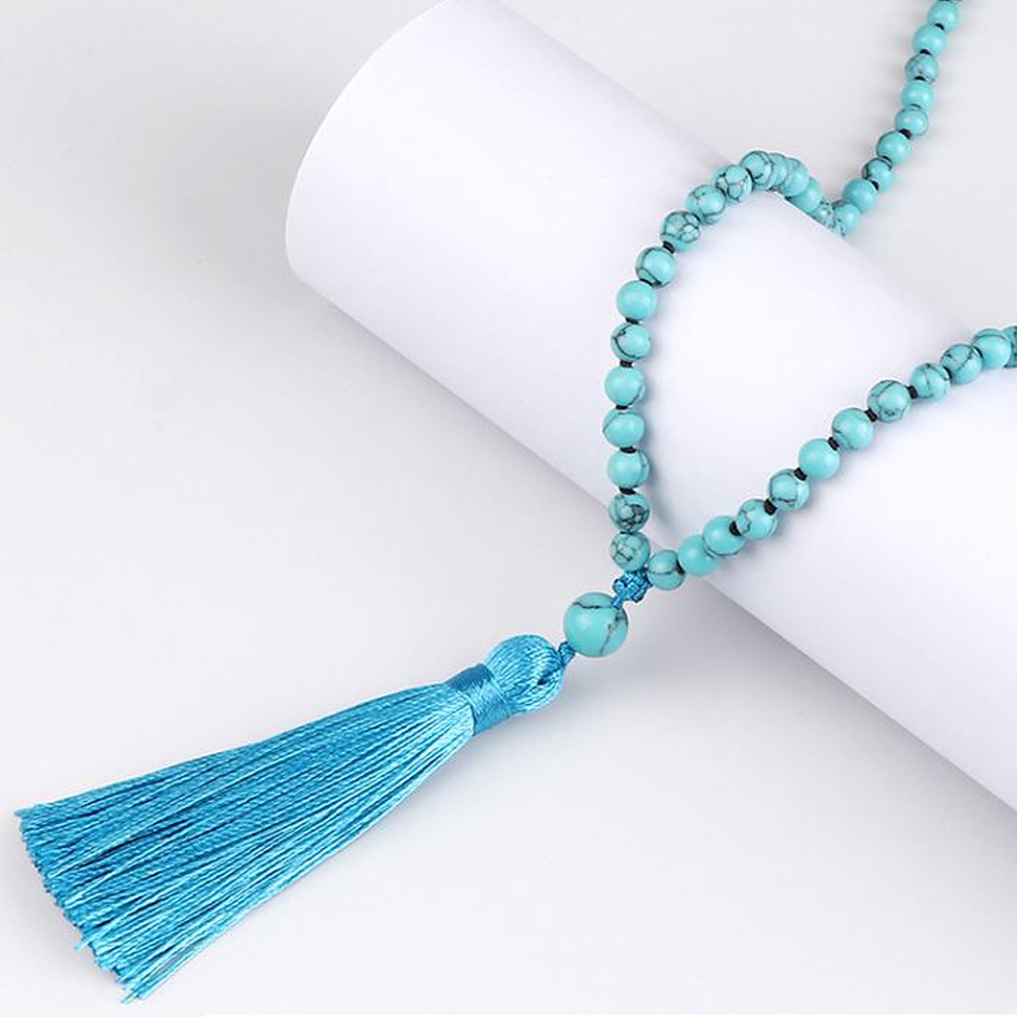 Sıkma Turkuaz Doğal Taş 108 Mala Meditasyon Yoga Kolye Tesbih-Balance Jewelry