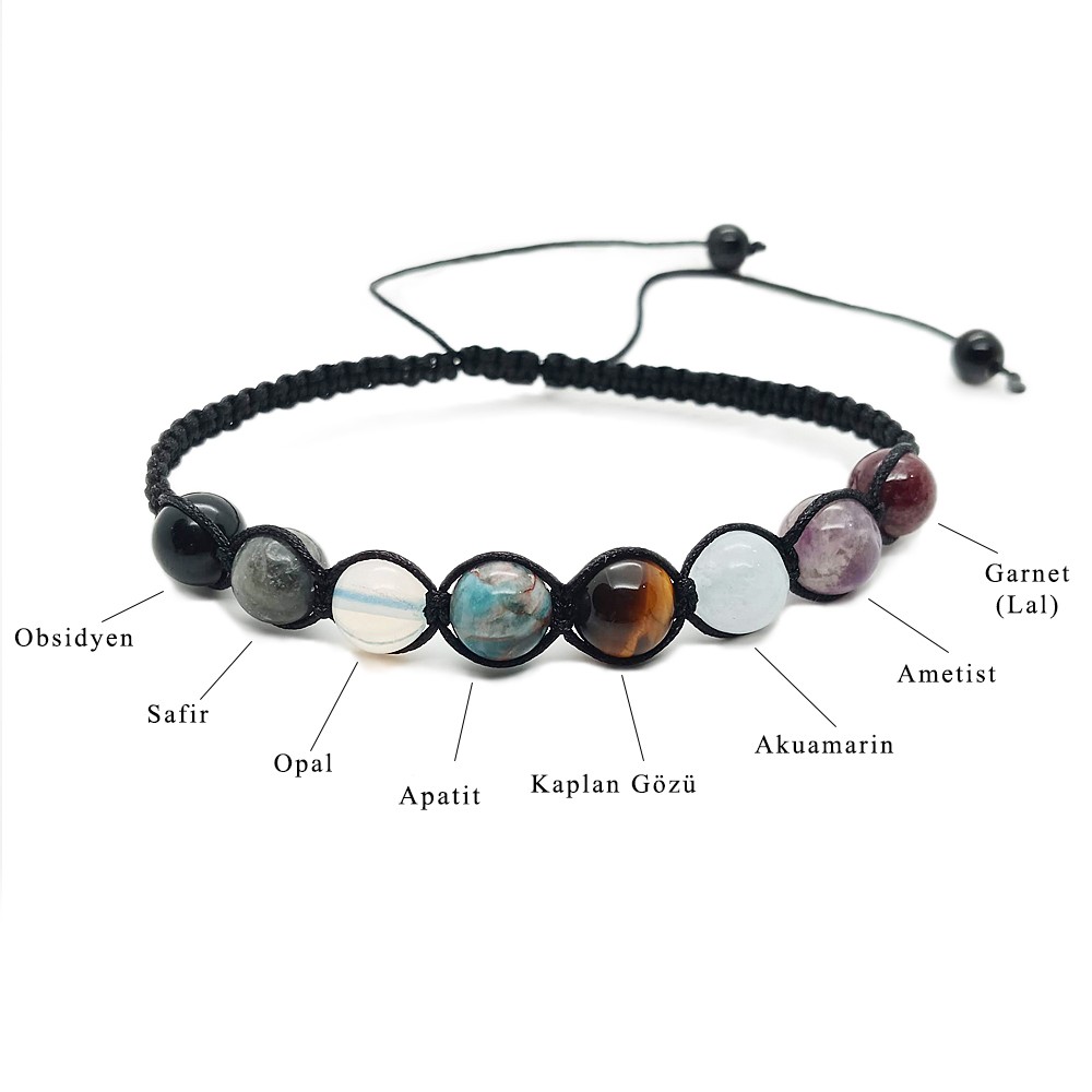 Mix Doğal Taş Makrome Bileklik-Safir-Obsidyen-Apatit-Opal-Akuamarin-Ametist-Kaplangözü-Garnet- Balance Jewelry