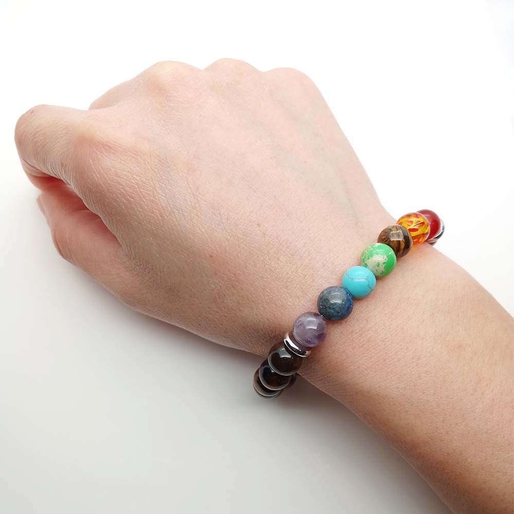 7 Chakra Natural Stone Healing Bracelet- Tiger Eye-Steel