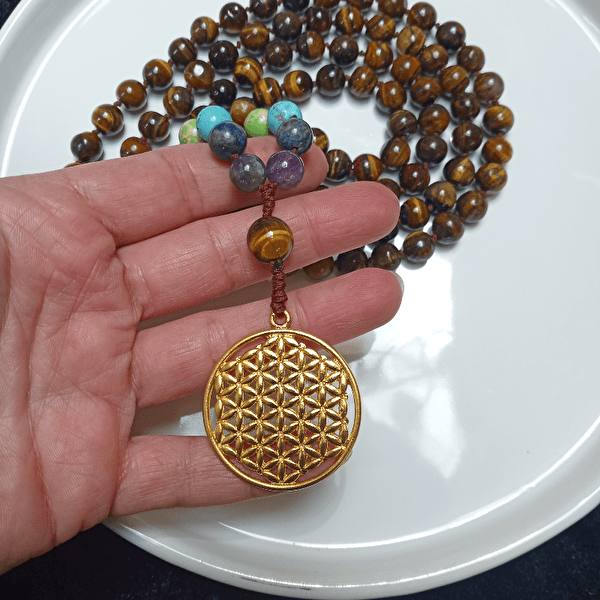 Orjinal Kaplan Gözü 7 Çakra Taşlı Meditasyon Mala Kolye 108'li-Balance Jewelry