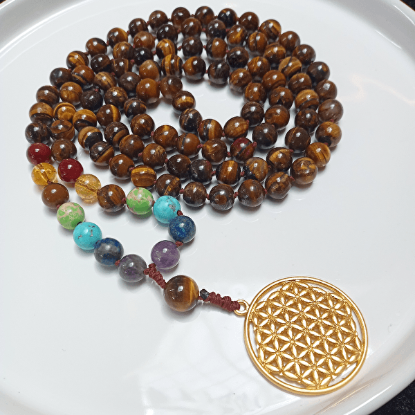 Orjinal Kaplan Gözü 7 Çakra Taşlı Meditasyon Mala Kolye 108'li-Balance Jewelry