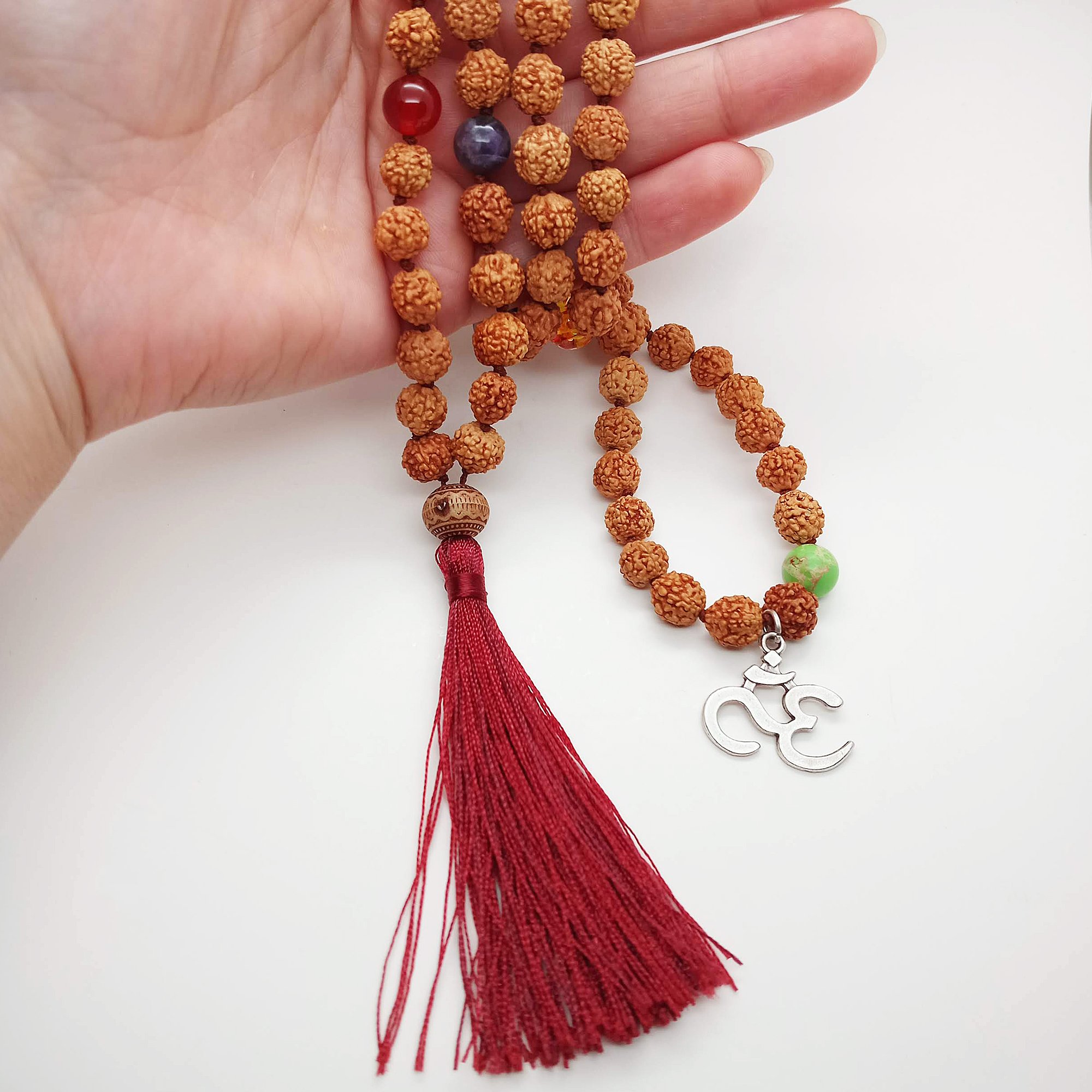 7 Çakra Doğal Taş Rudraksha Tohumu 108 Mala Meditasyon Om Yoga Kolye Tesbih-Balance Jewelry