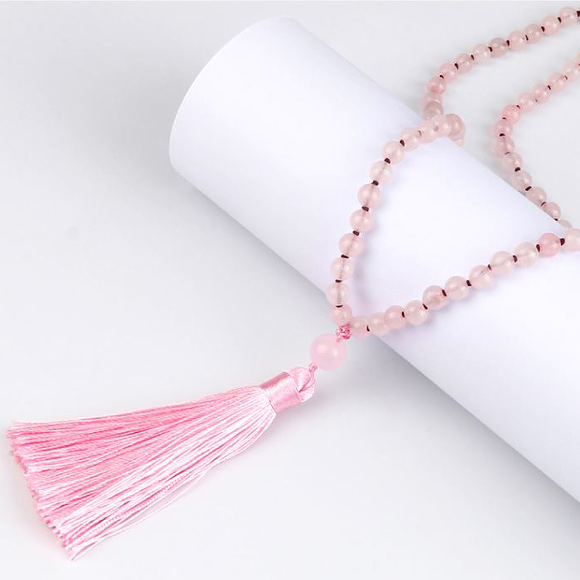 Pembe Kuvars Doğal Taş 108 Mala Meditasyon Yoga Kolye Tesbih-Balance Jewelry