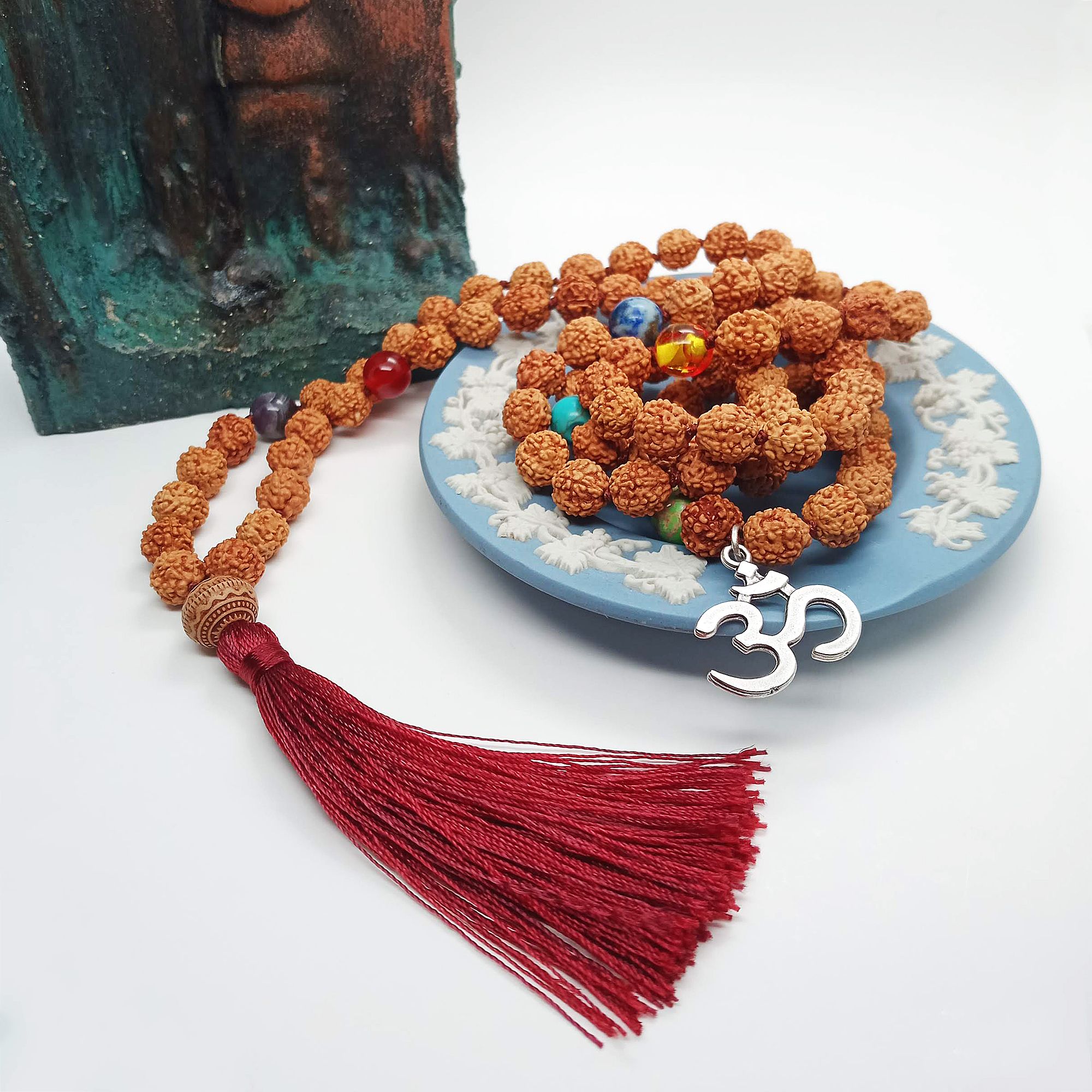 7 Çakra Doğal Taş Rudraksha Tohumu 108 Mala Meditasyon Om Yoga Kolye Tesbih-Balance Jewelry