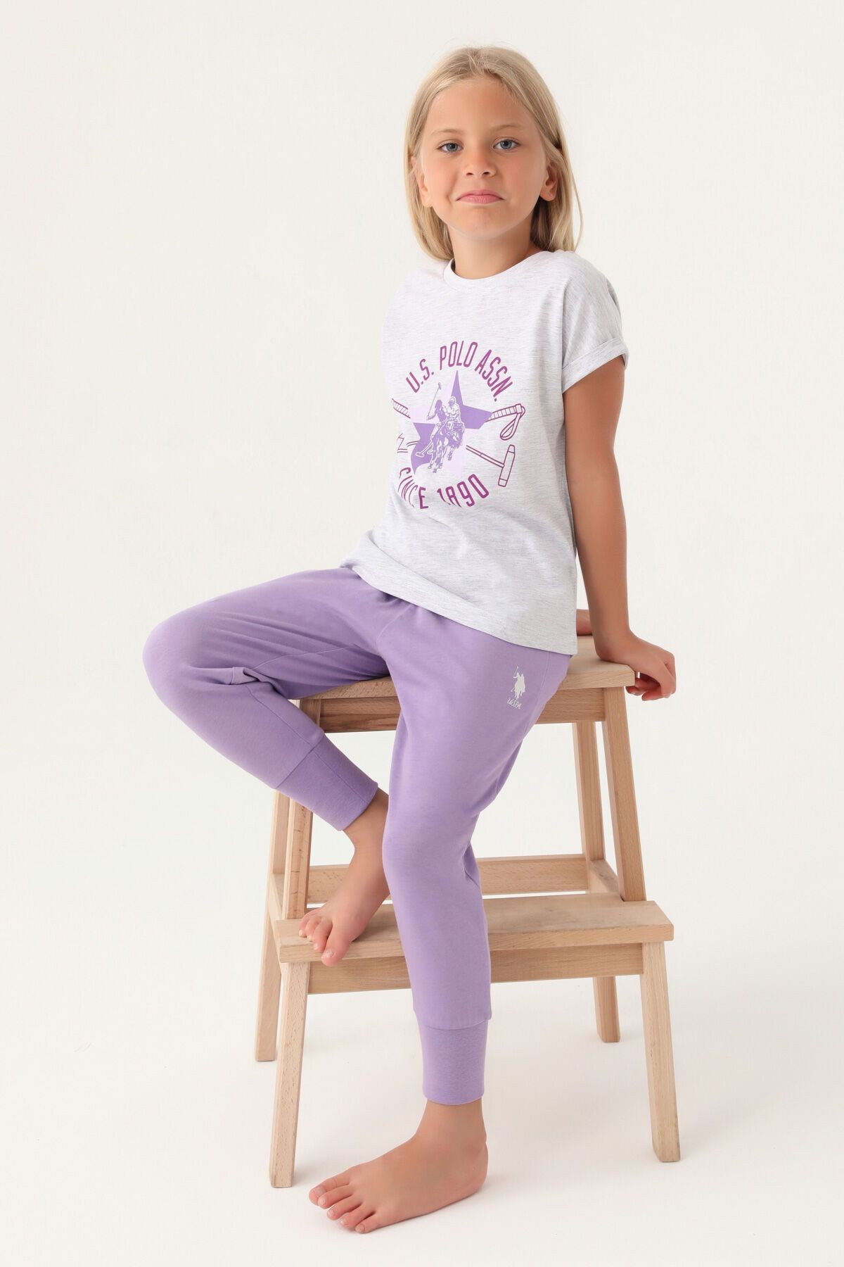 U.S. Polo Assn. Starry Kız Çocuk Kısa Kollu Pijama Takımı Genç Kız Pijama Takımı Kar Melanj/Krem