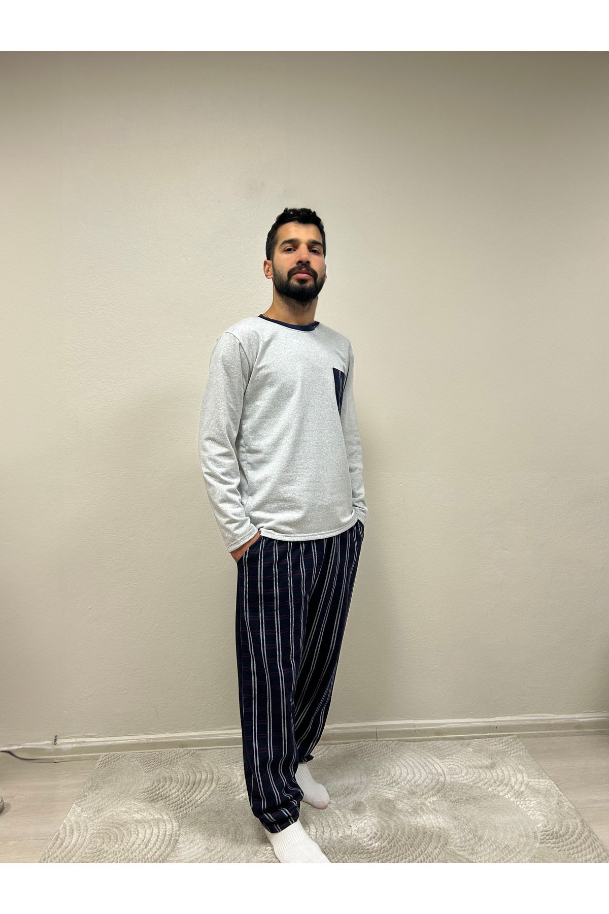 İki Iplik (KALIN) Ekoseli Cepli Erkek Pijama Takımı