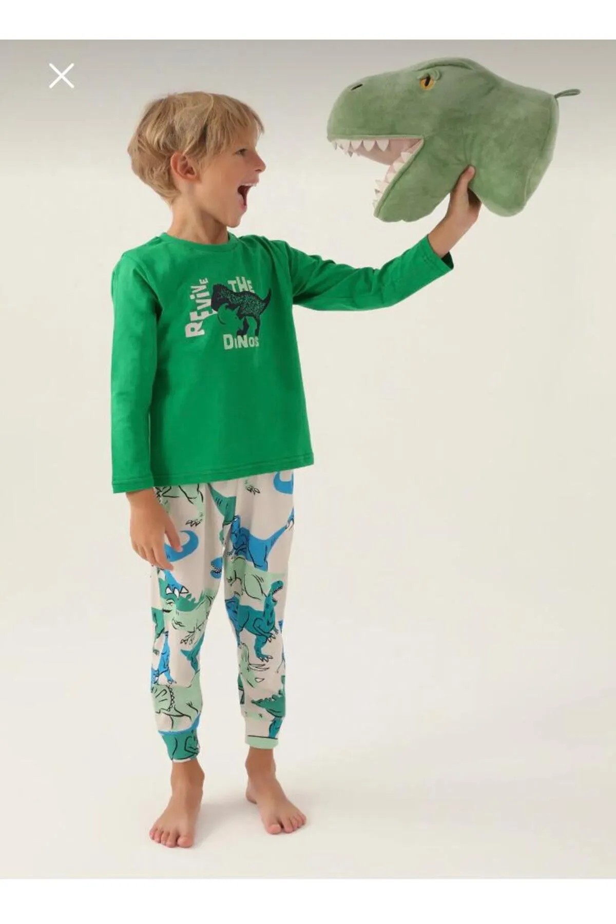 Erkek Çocuk Dinozor Desenli Yeşil Pijama Takımı