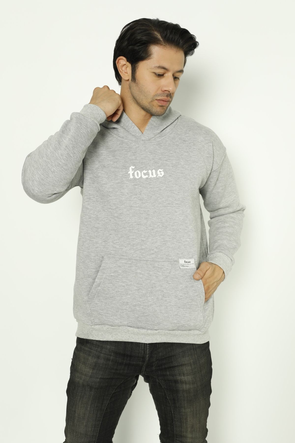 Focus Baskılı Oversize Erkek Kapüşonlu Sweatshirt