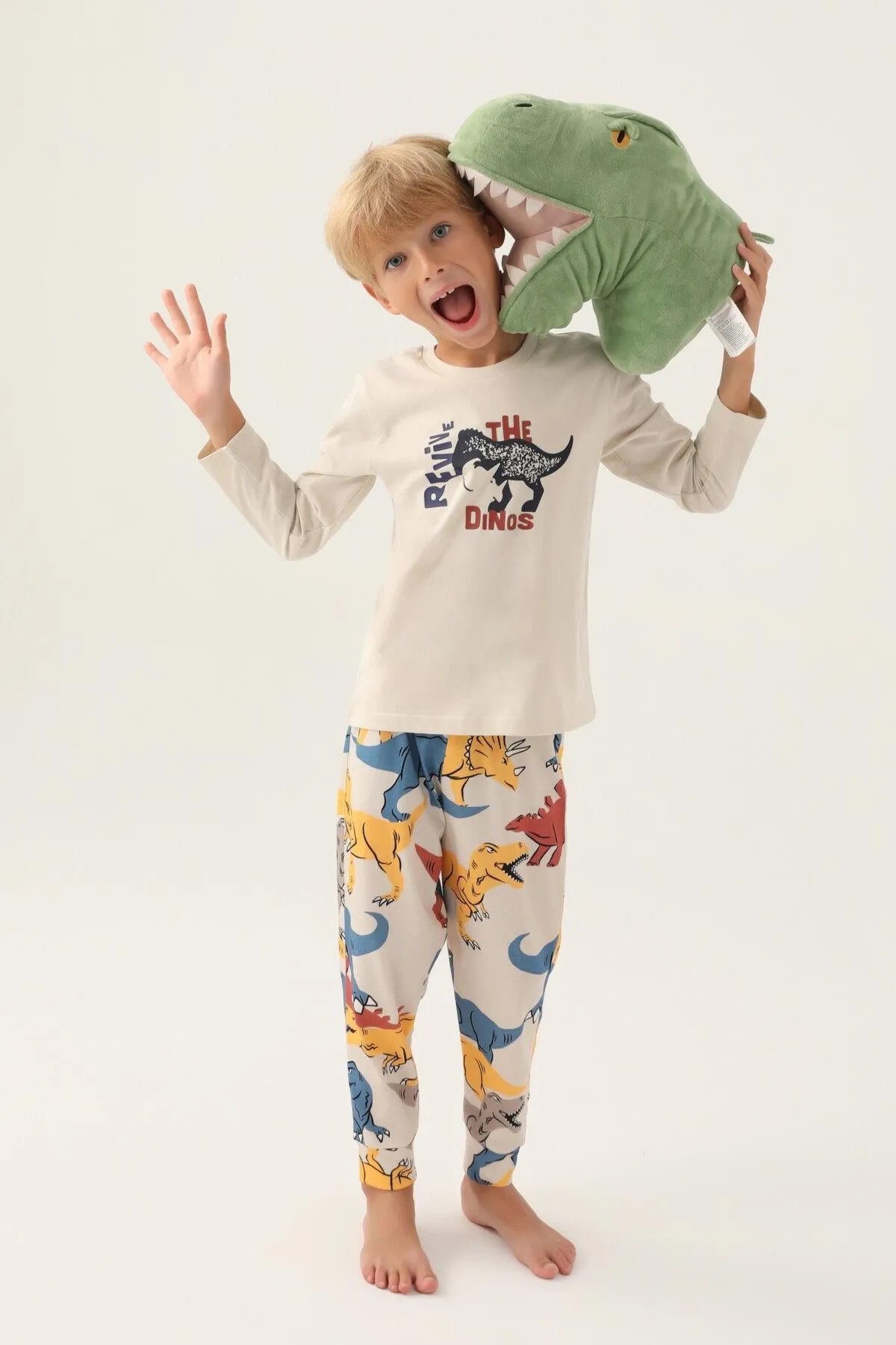 Erkek Çocuk Dinozor Desenli Krem Pijama Takımı - Rolypoly