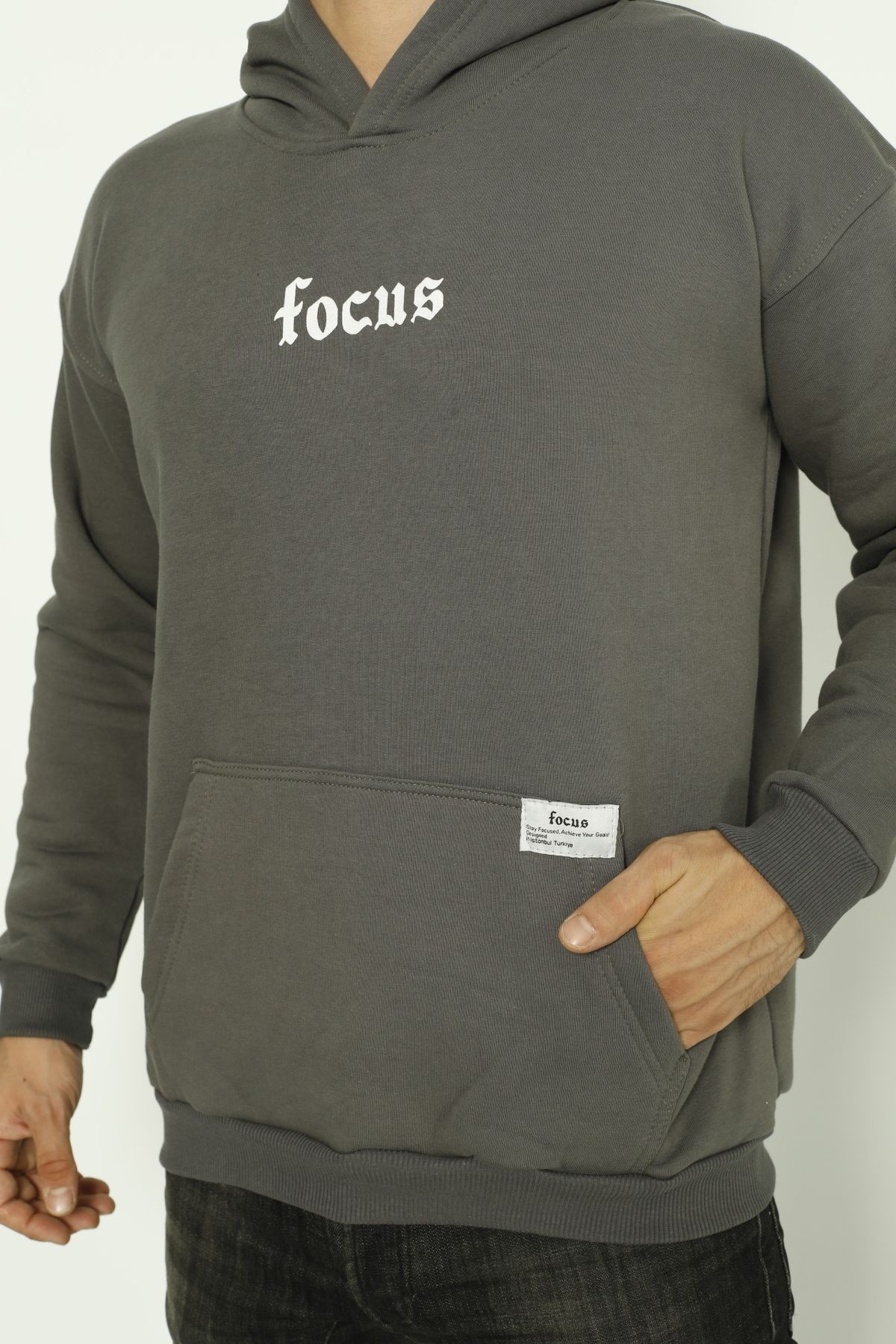 Focus Baskılı Oversize Kapüşonlu Erkek Sweatshirt