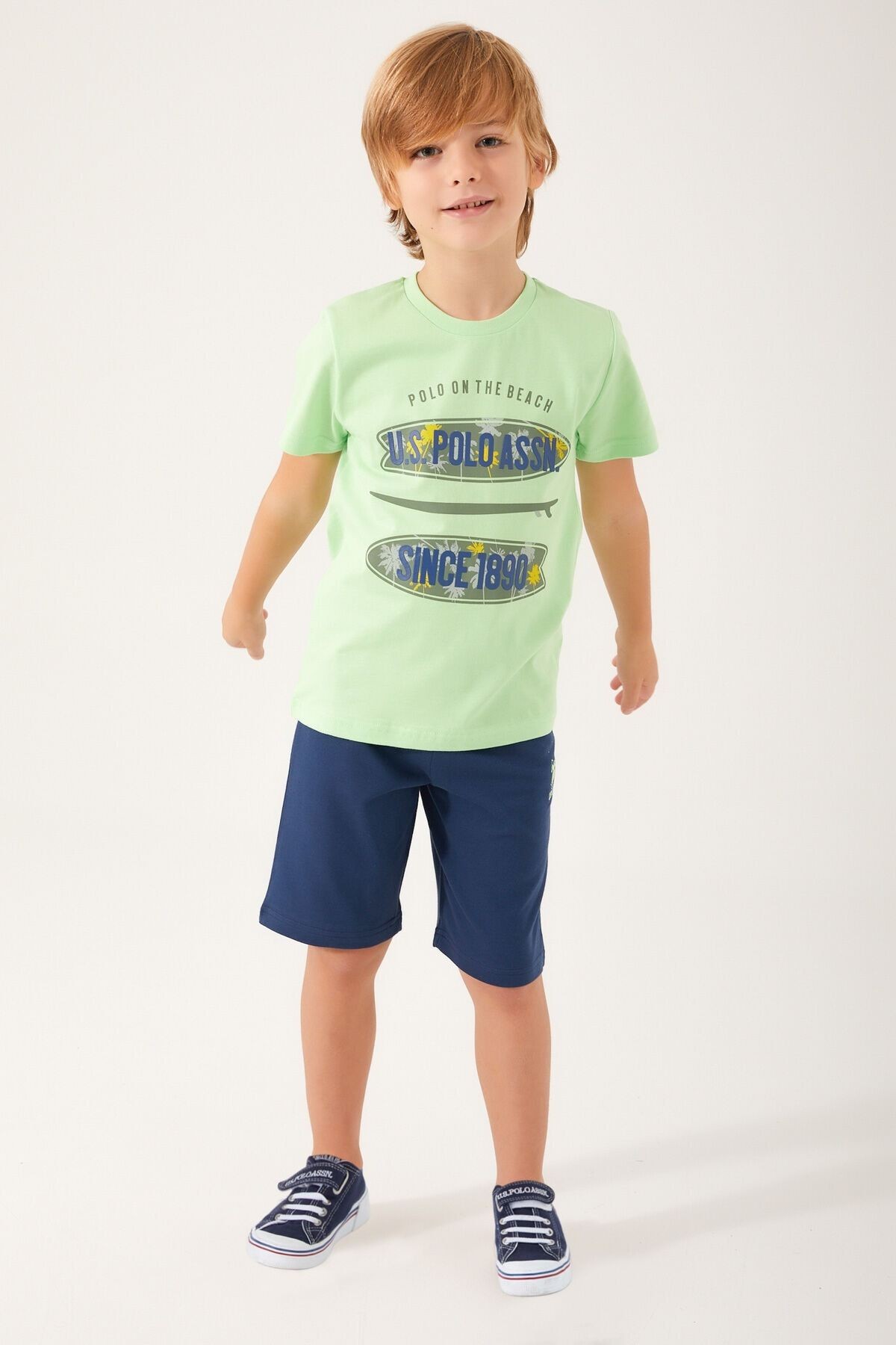 U.S. Polo Assn. Shaped Writing Detail Parlak Yeşil Erkek Çocuk Bermuda Takım