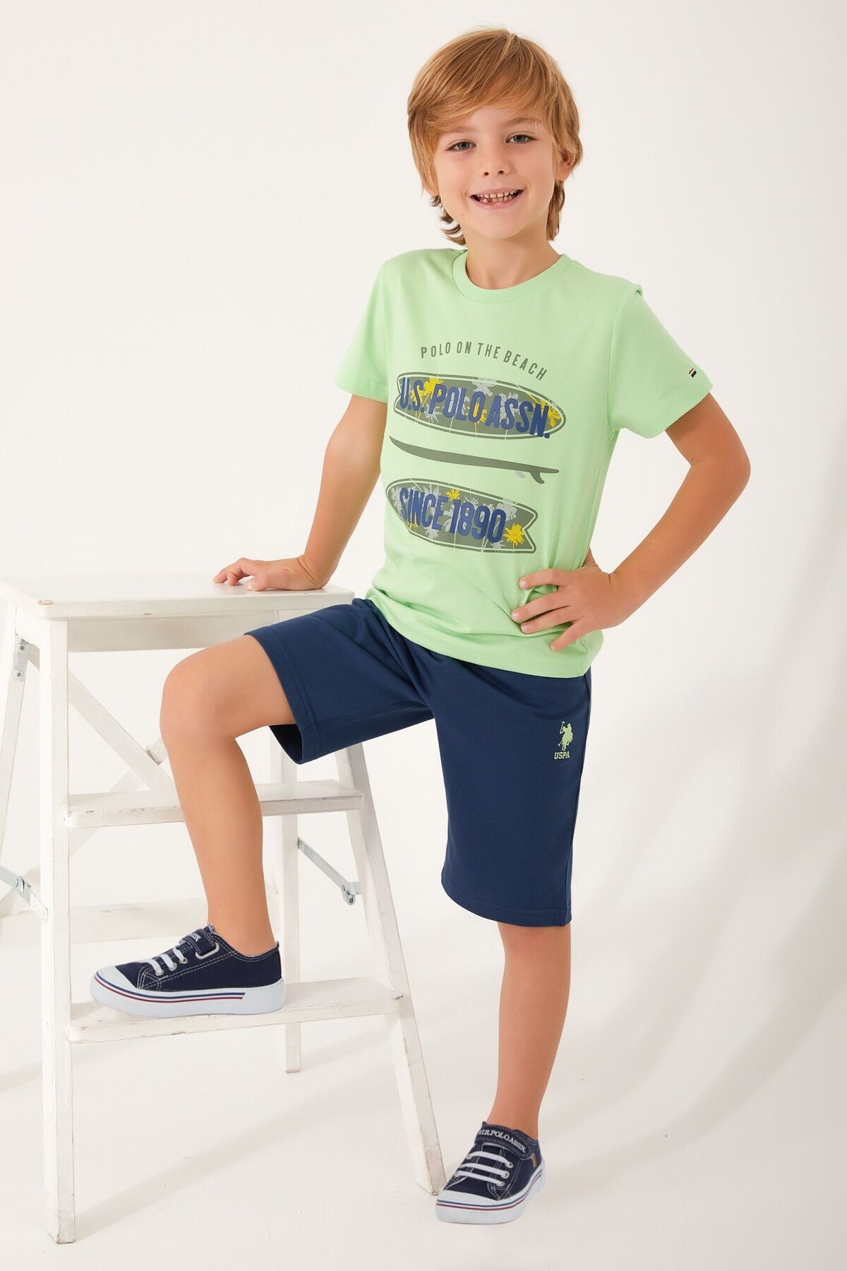 U.S. Polo Assn. Shaped Writing Detail Parlak Yeşil Erkek Çocuk Bermuda Takım