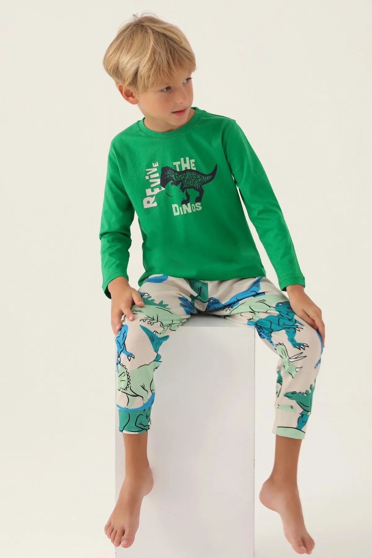 Erkek Çocuk Dinozor Desenli Yeşil Pijama Takımı - Rolypoly