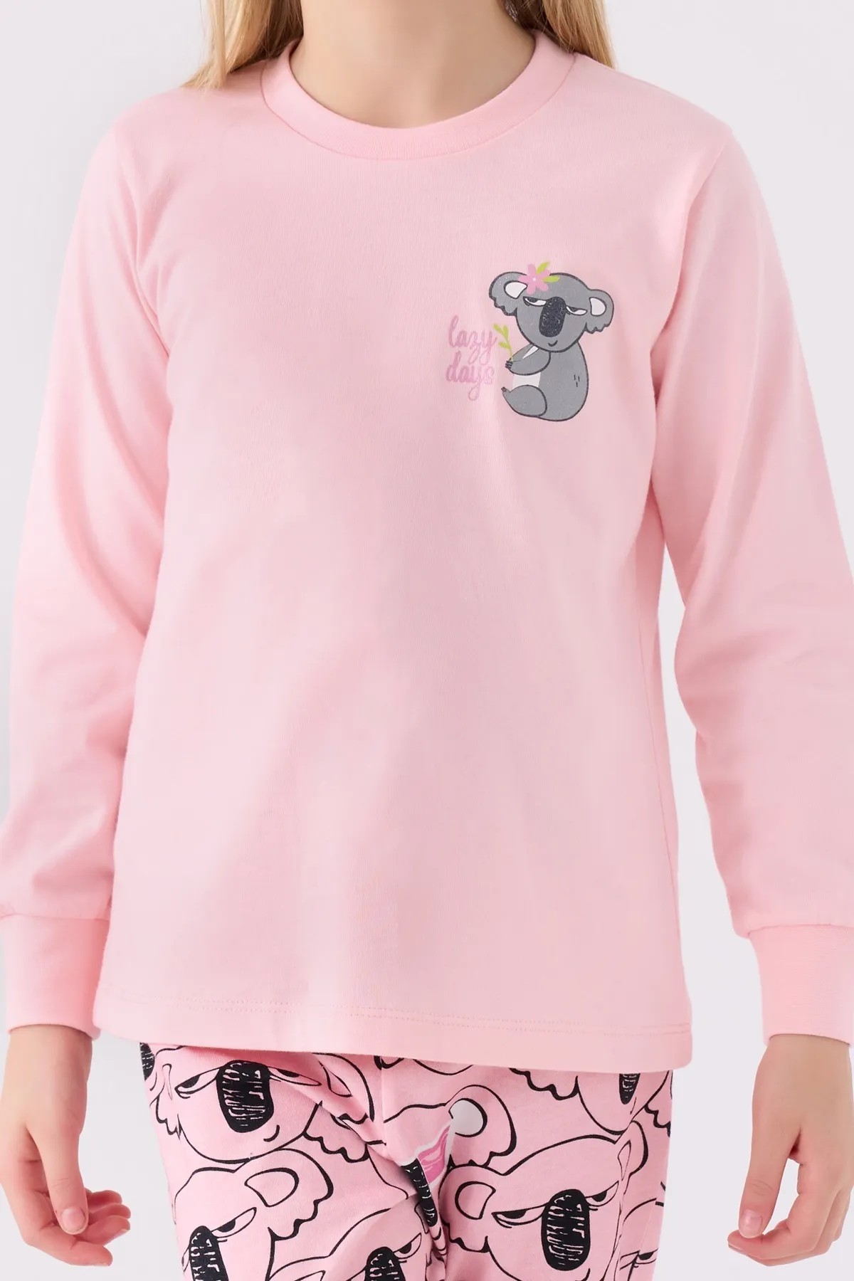 Kız Çocuk Koala Desenli Siyah Uzun Kollu Pijama Takımı