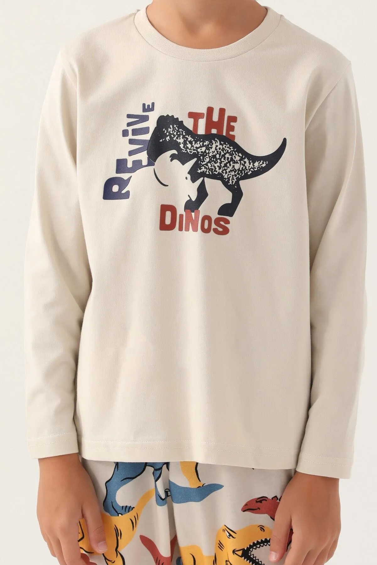 Erkek Çocuk Dinozor Desenli Krem Pijama Takımı - Rolypoly