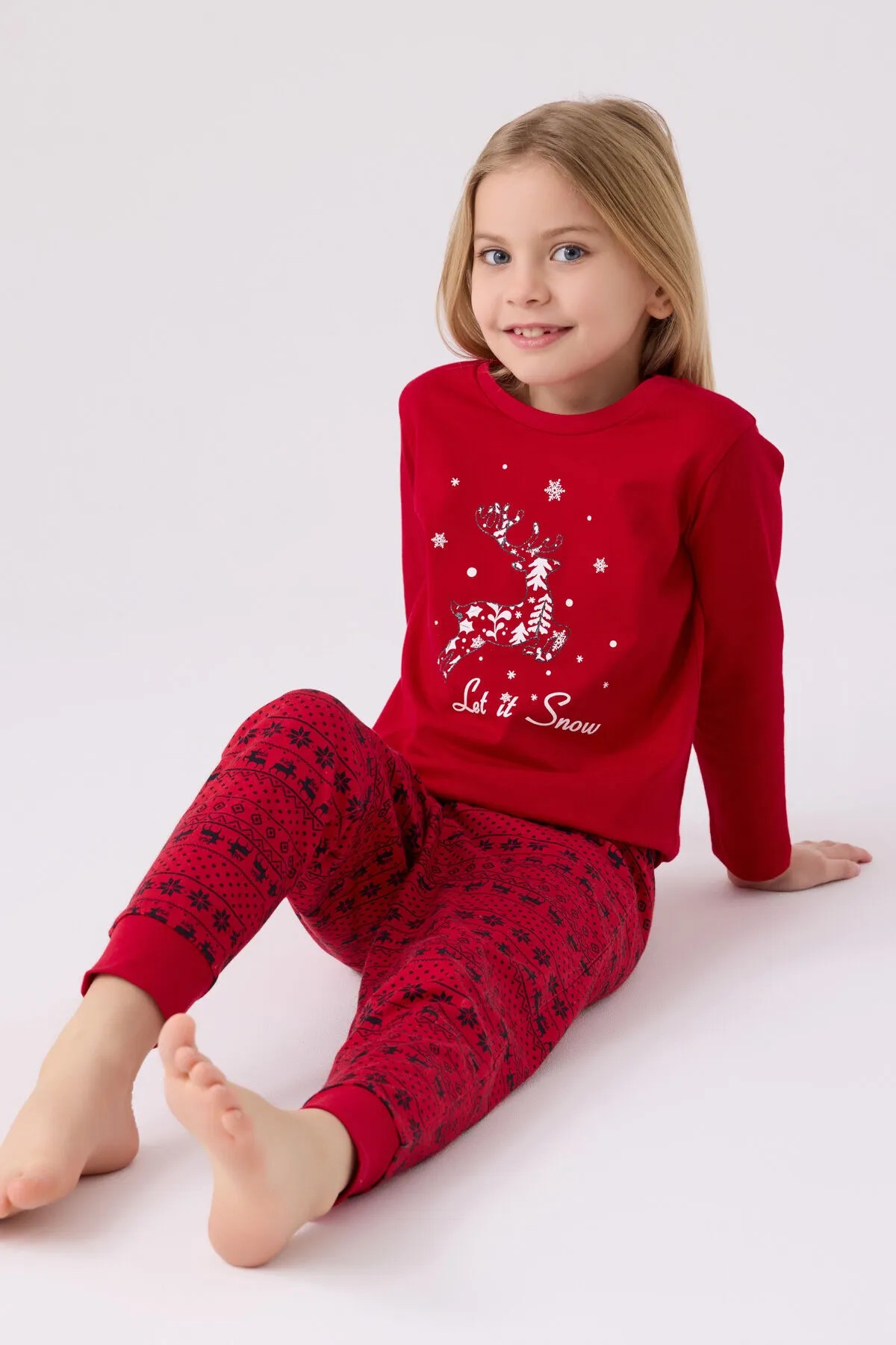  Kız Çocuk Kırmızı Uzun Kol Pijama Takım - RolyPoly