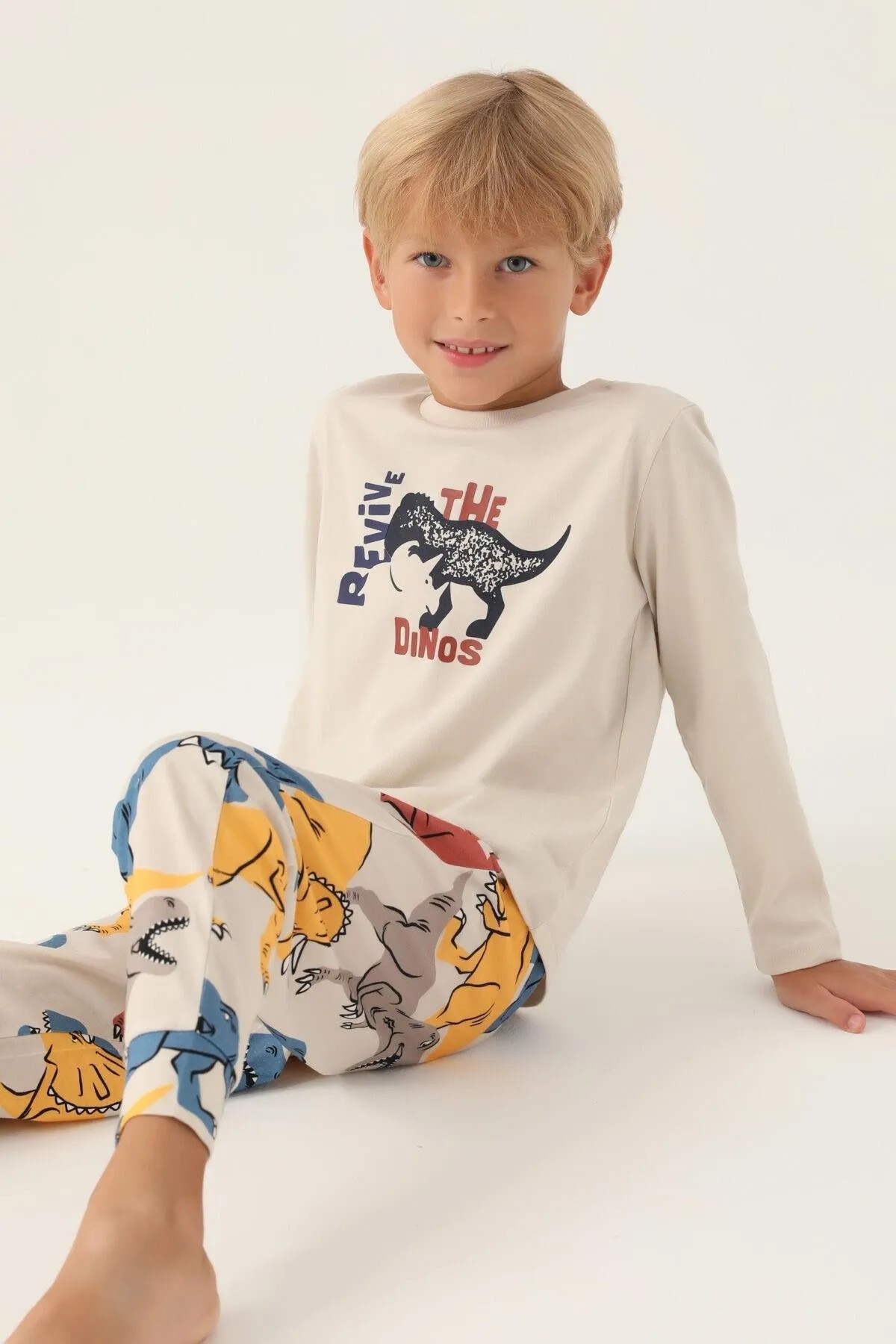 Erkek Çocuk Dinozor Desenli Krem Pijama Takımı - Rolypoly