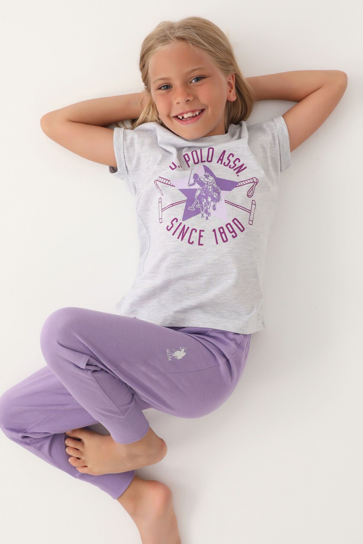 U.S. Polo Assn. Starry Kız Çocuk Kısa Kollu Pijama Takımı Genç Kız Pijama Takımı Kar Melanj/Krem