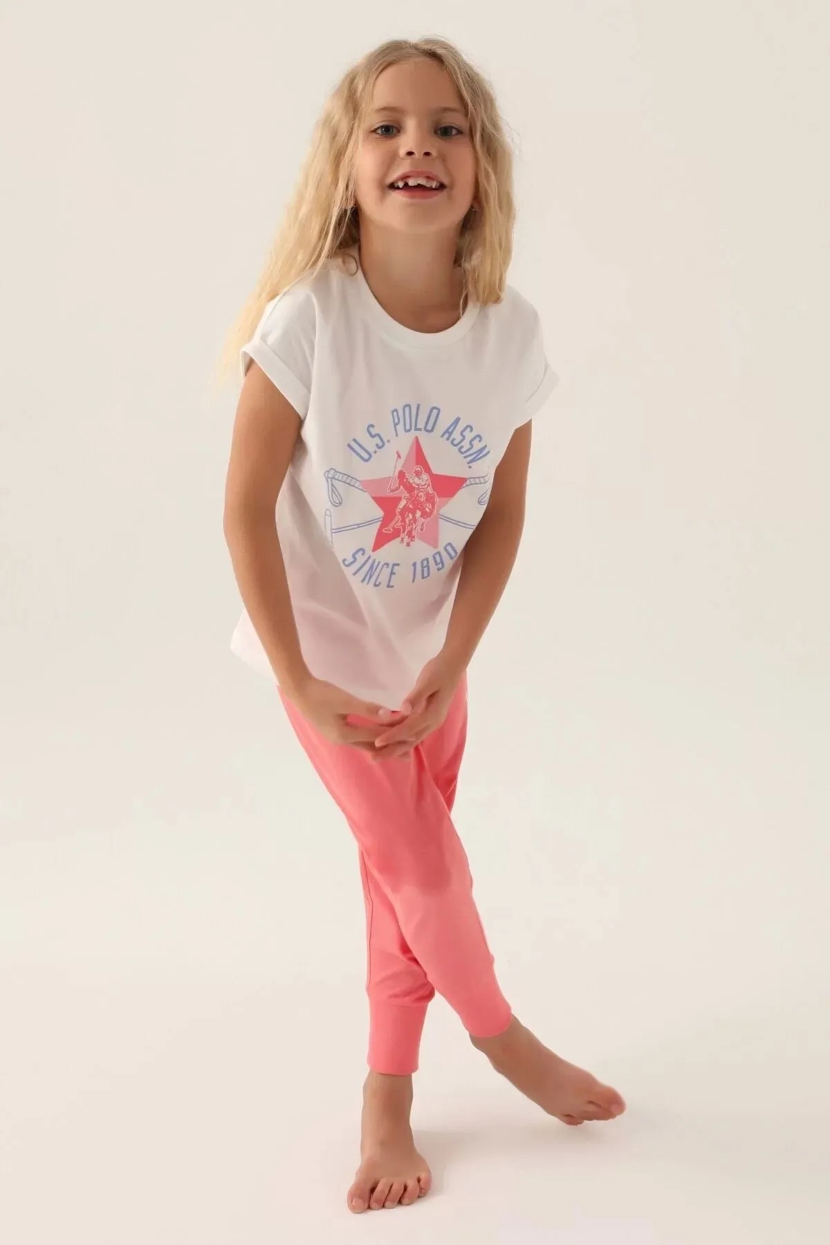 U.S. Polo Assn. Starry Kız Çocuk Kısa Kollu Pijama Takımı Genç Kız Pijama Takımı Kar Melanj/Krem