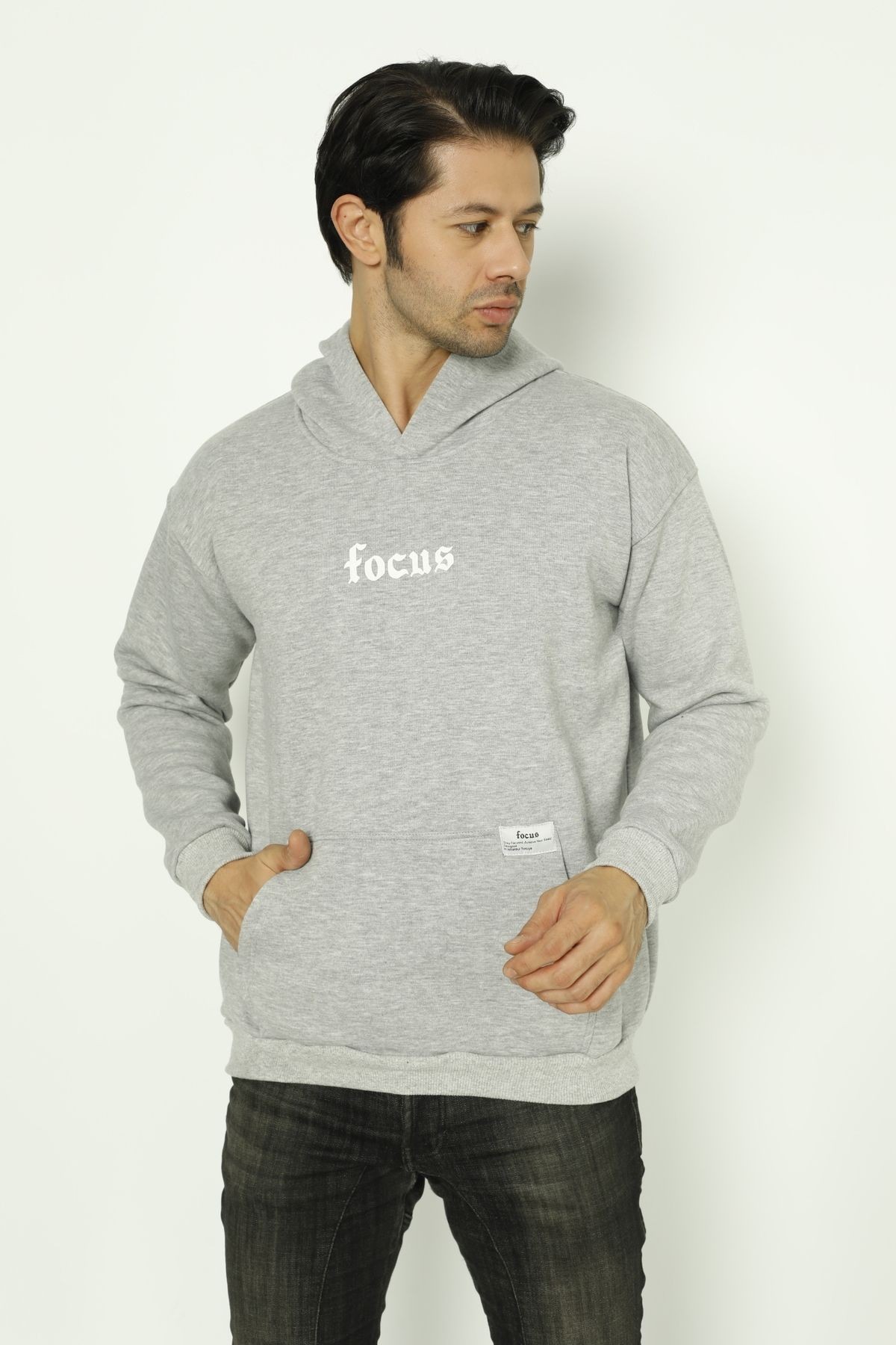 Focus Baskılı Oversize Erkek Kapüşonlu Sweatshirt