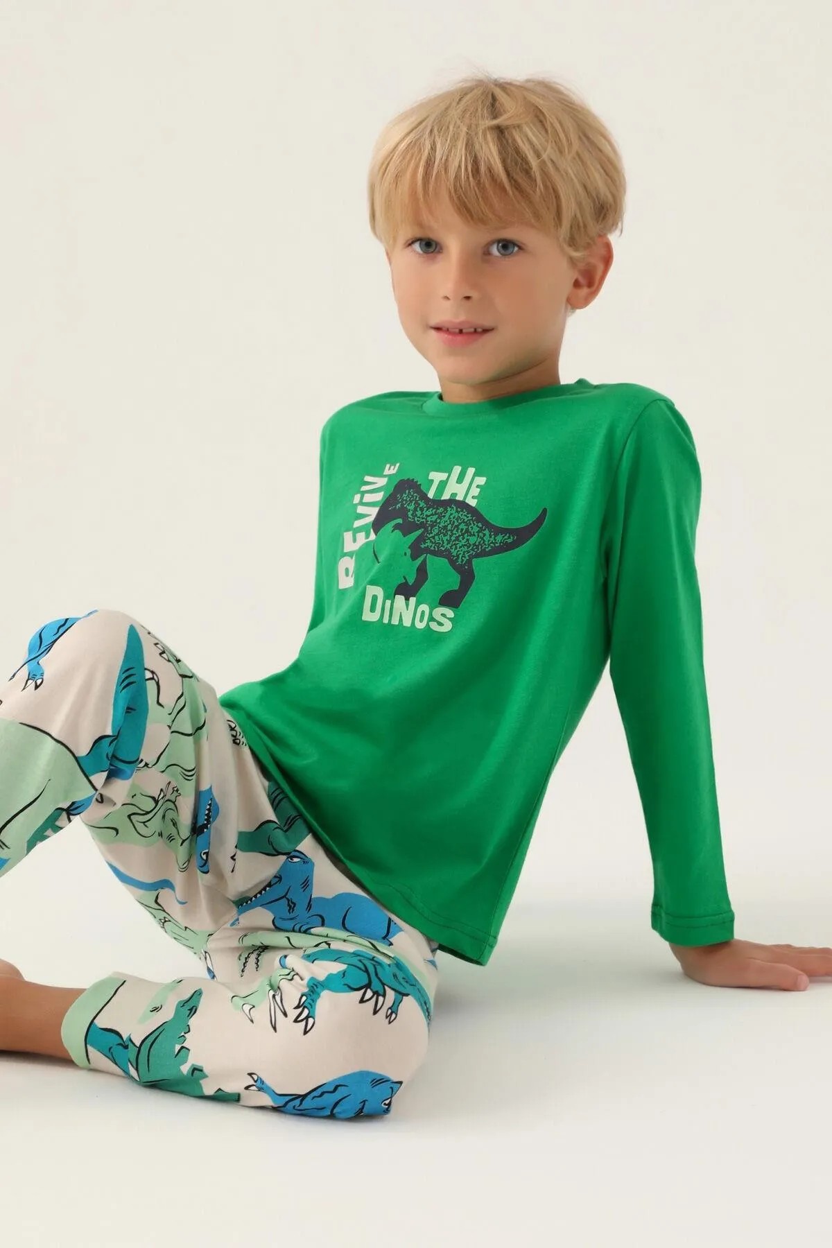 Erkek Çocuk Dinozor Desenli Yeşil Pijama Takımı - Rolypoly