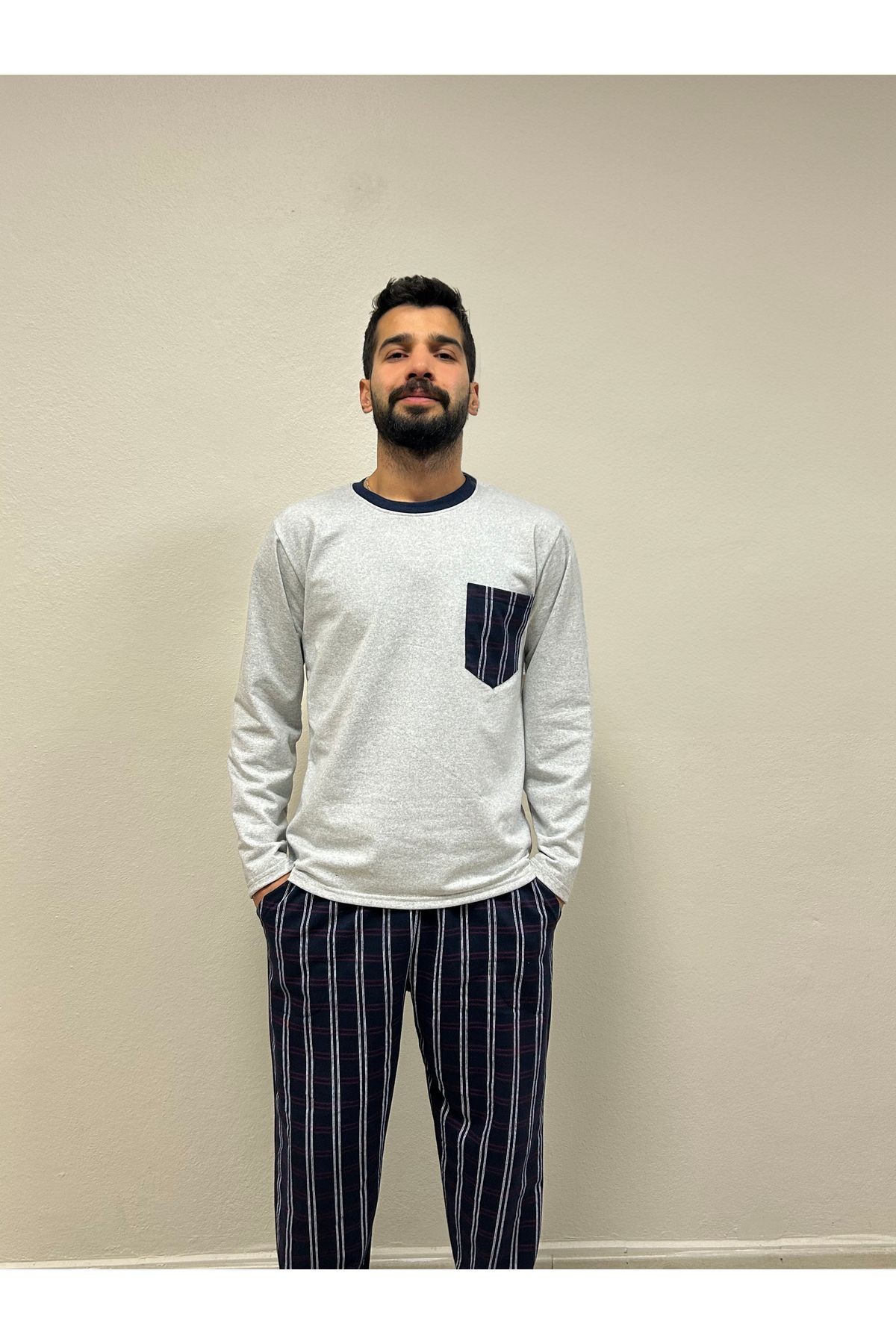 İki Iplik (KALIN) Ekoseli Cepli Erkek Pijama Takımı