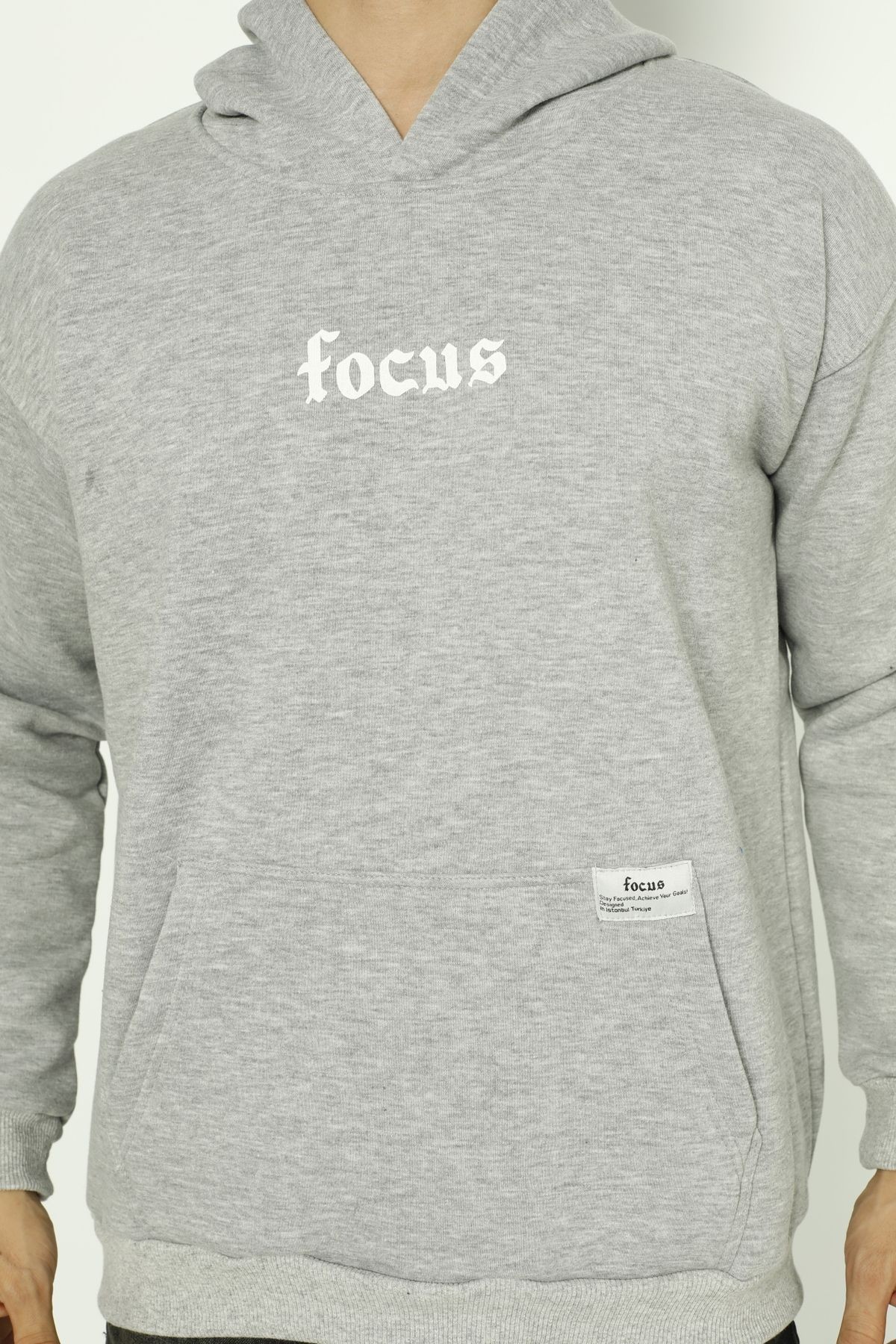 Focus Baskılı Oversize Erkek Kapüşonlu Sweatshirt