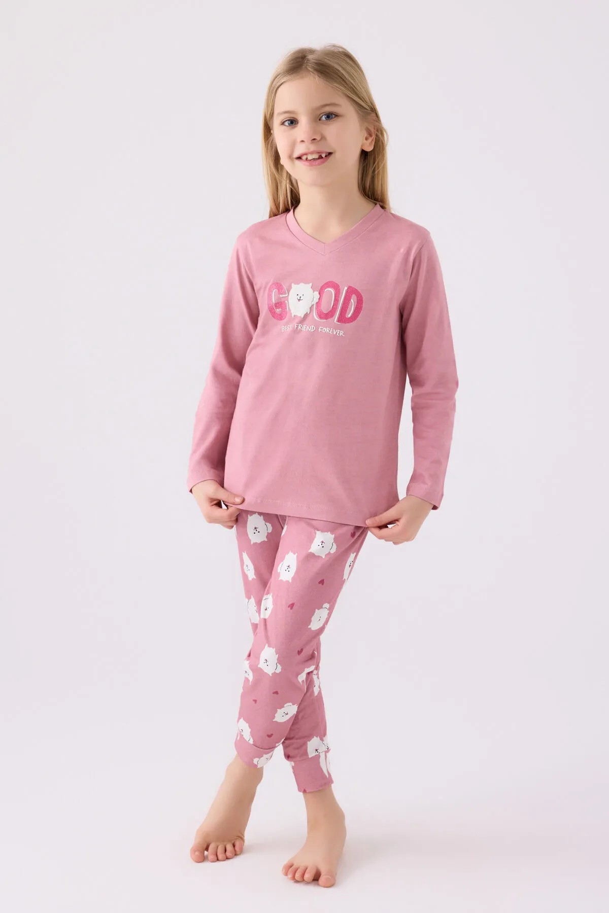 Kız Çocuk Pembe Uzun Kol Pijama Takım