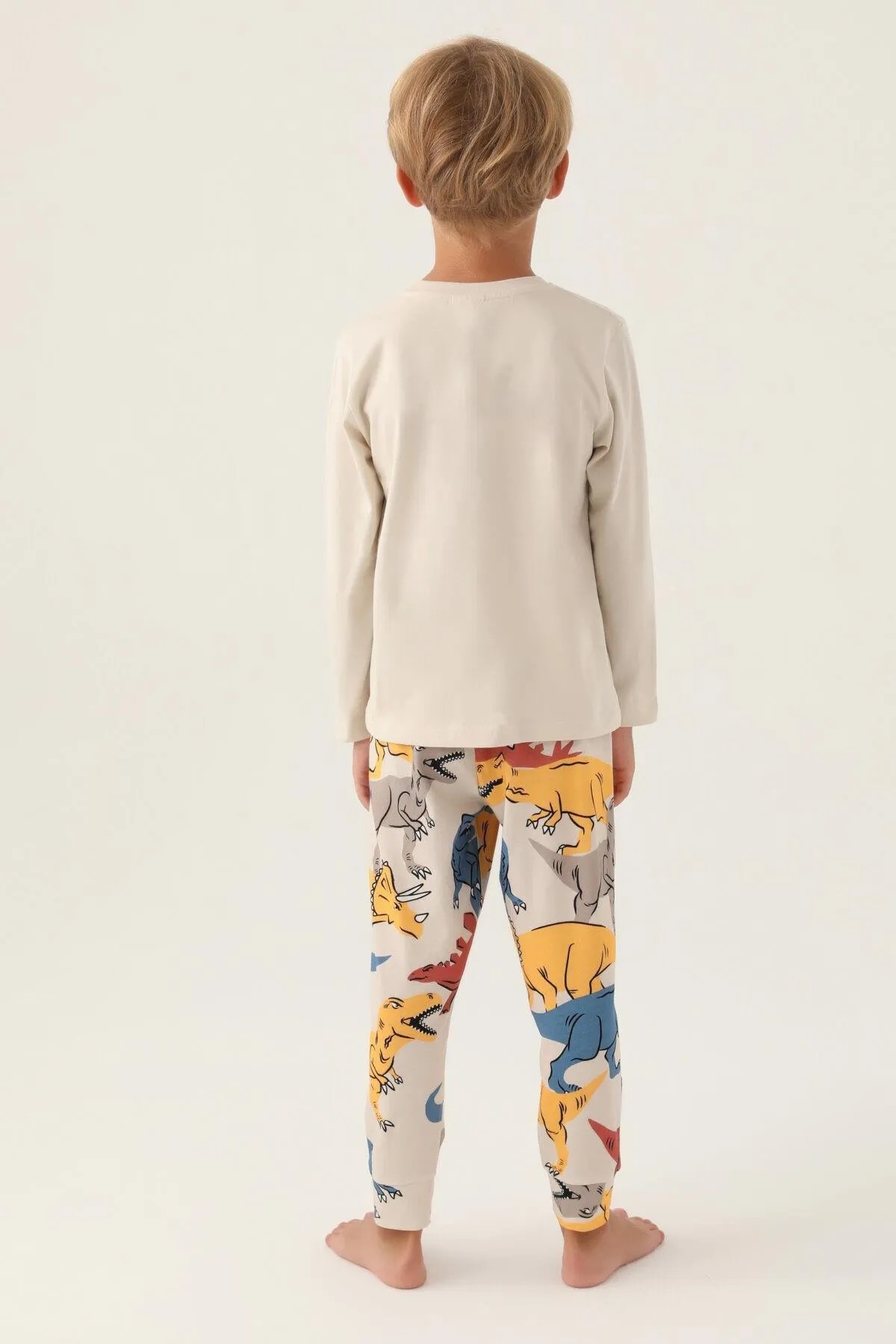 Erkek Çocuk Dinozor Desenli Krem Pijama Takımı - Rolypoly
