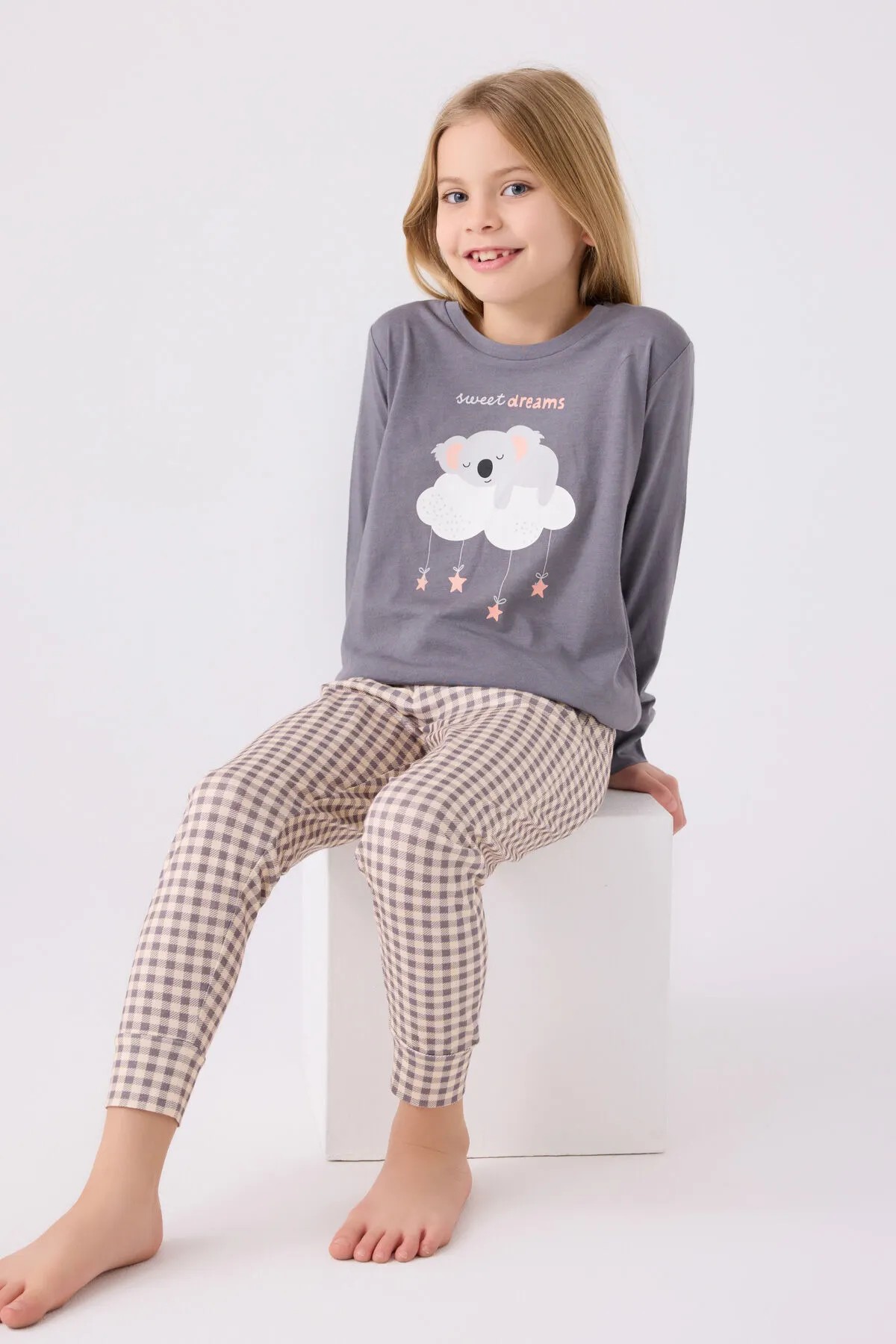 Kız Çocuk Koyu Gri Uzun Kol Pijama Takım