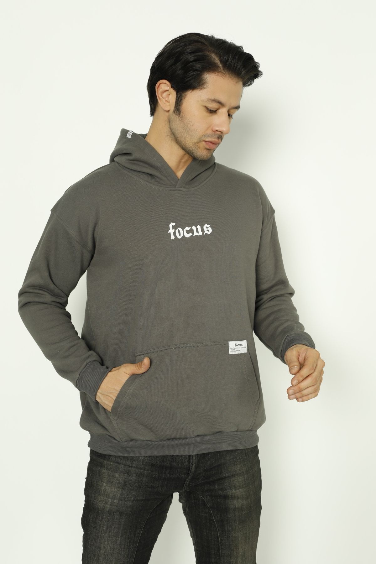 Focus Baskılı Oversize Kapüşonlu Erkek Sweatshirt