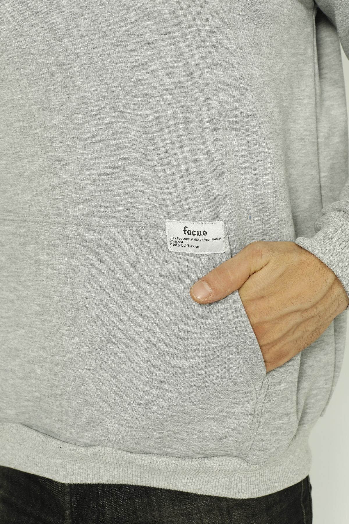 Focus Baskılı Oversize Erkek Kapüşonlu Sweatshirt