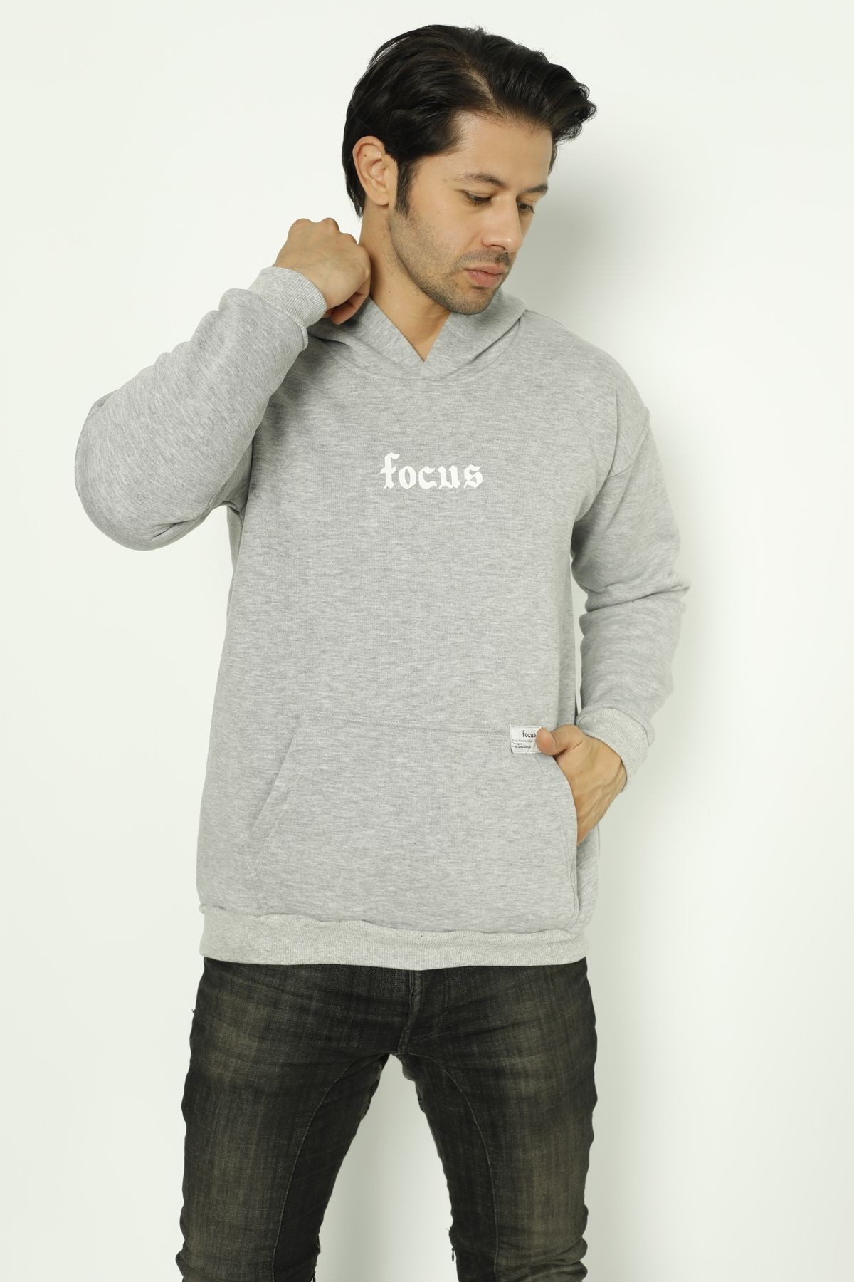 Focus Baskılı Oversize Erkek Kapüşonlu Sweatshirt